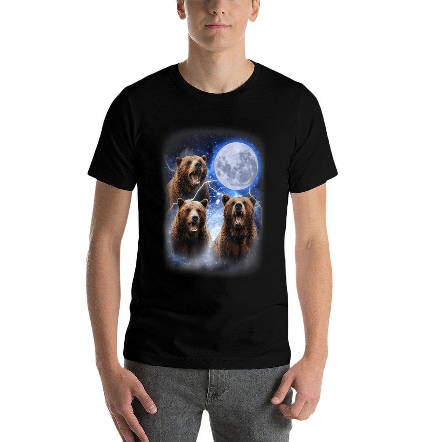 Three Grizzly Bears Howl at Moon Starry Mountain Forest Bear  Fade-proof Color T-Shirt