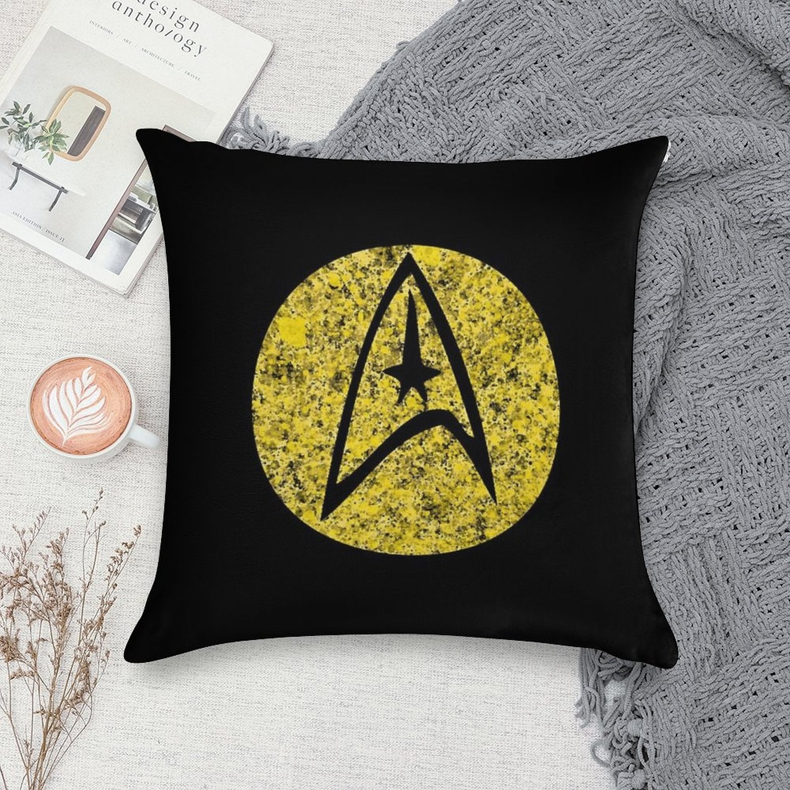 Star Trek TOS Command Gold Insignia Paint Splatter Soft Easy Maintenance Throw Pillow
