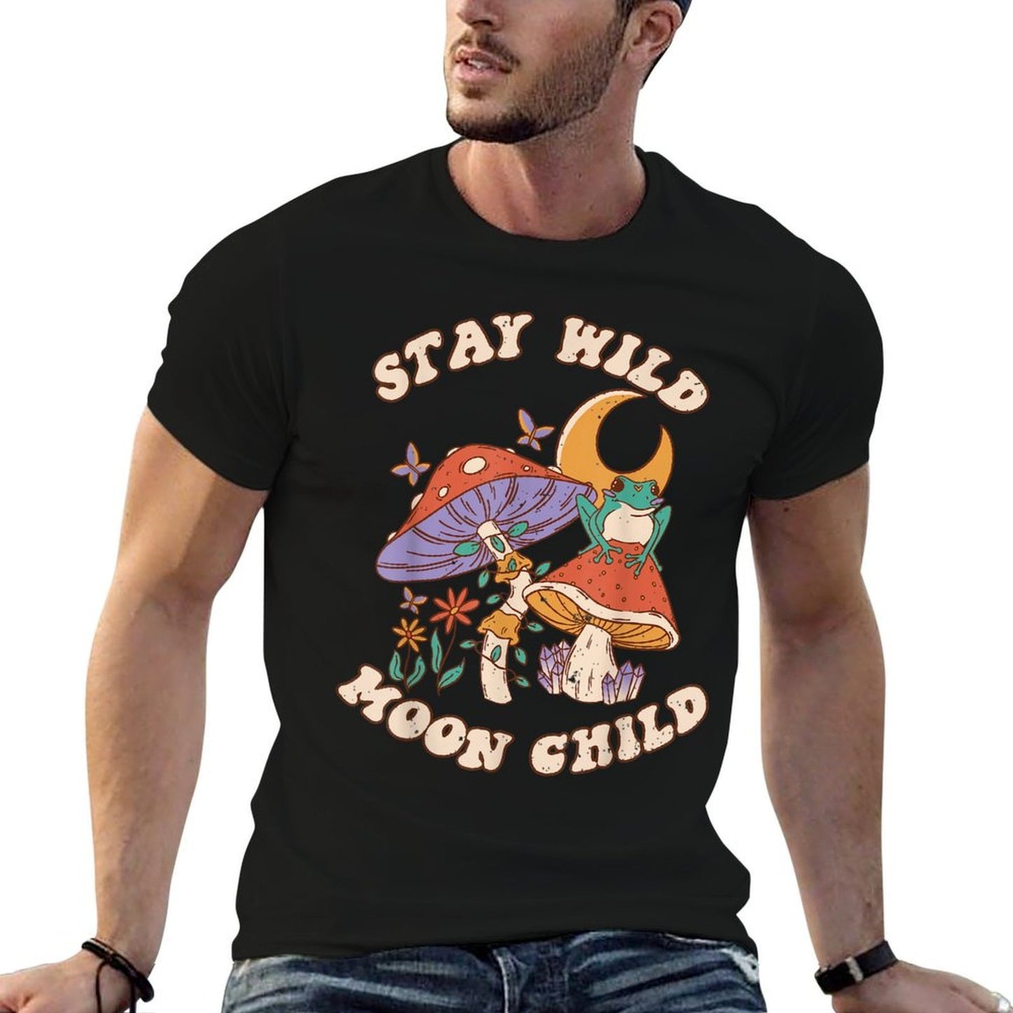 Vintage Retro Stay Wild Moon Child Frog Mushroom Hippie Rolled Sleeves T-Shirt