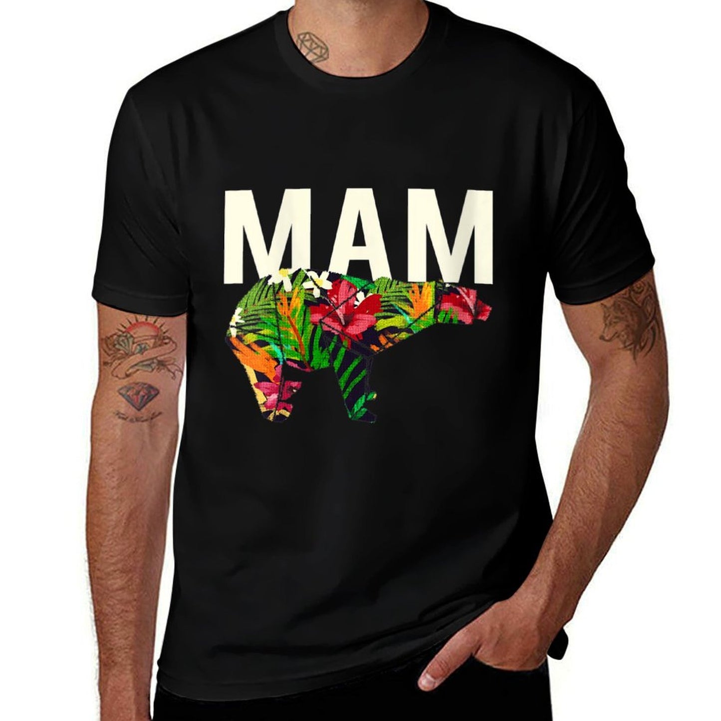 Womens Mam Mom Mother's Day Mommy Mom Bear Floral Pattern Cotton T-Shirt