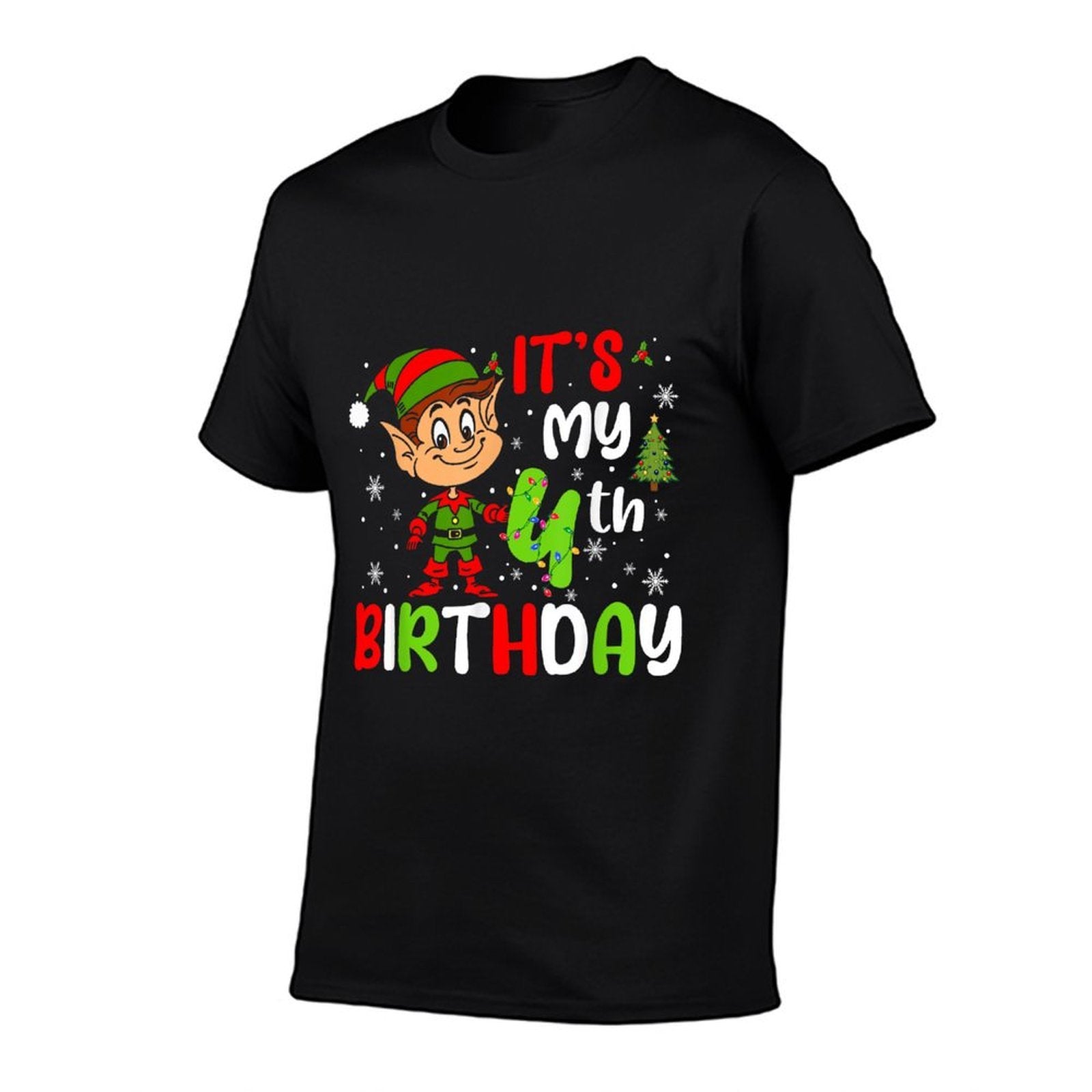 Its My 4th Birthday Christmas Elf 4 Years Old Birthday  Ribbed Collar T-Shirt