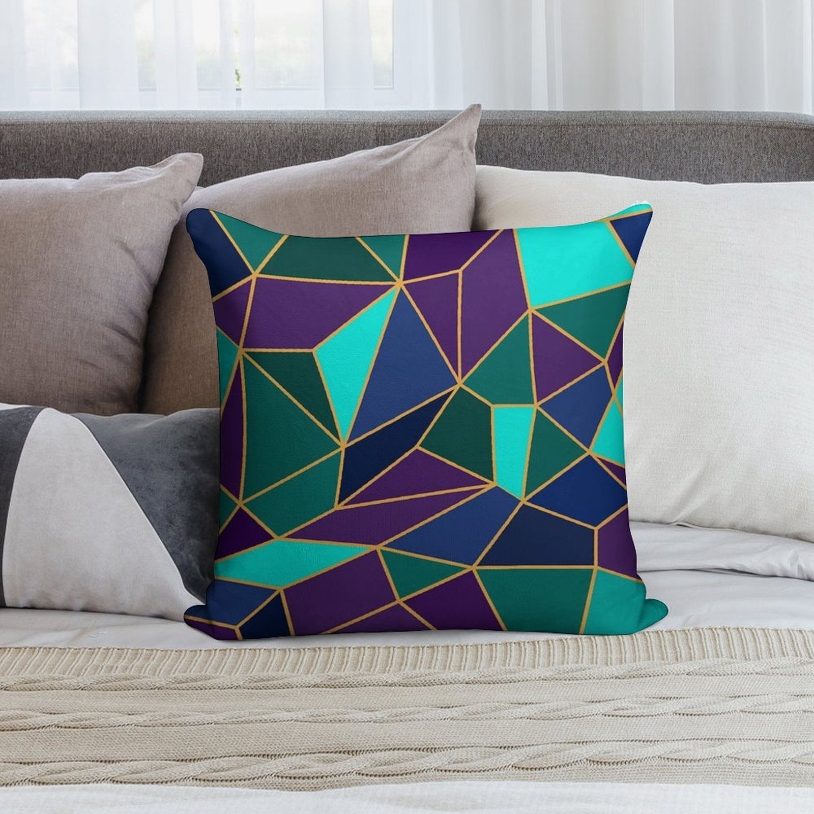 Abstract Geometric Stained Glass Style Purple & Teal Soft Short Plush Fabric Throw Pillow
