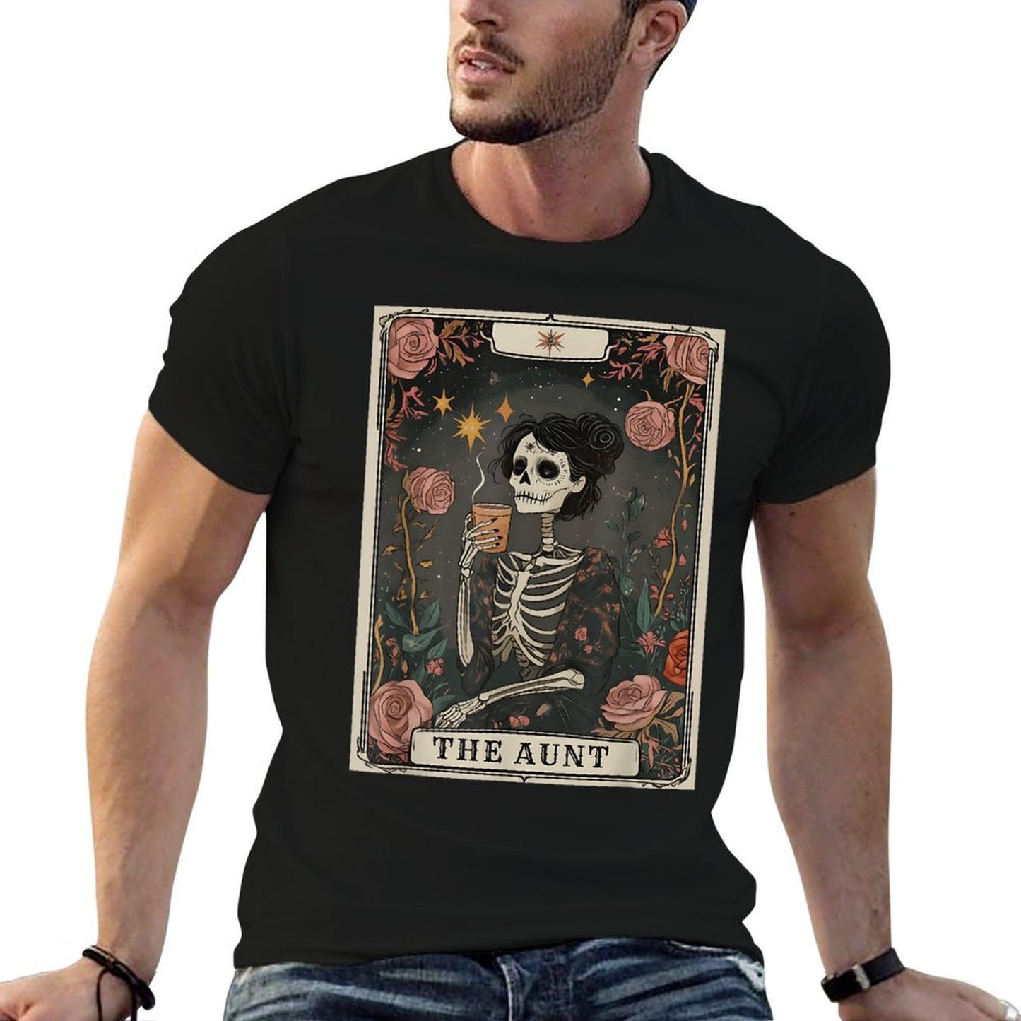 The Aunt Tarot Card Women Skeleton Aunty Coffee Lover Cotton T-Shirt