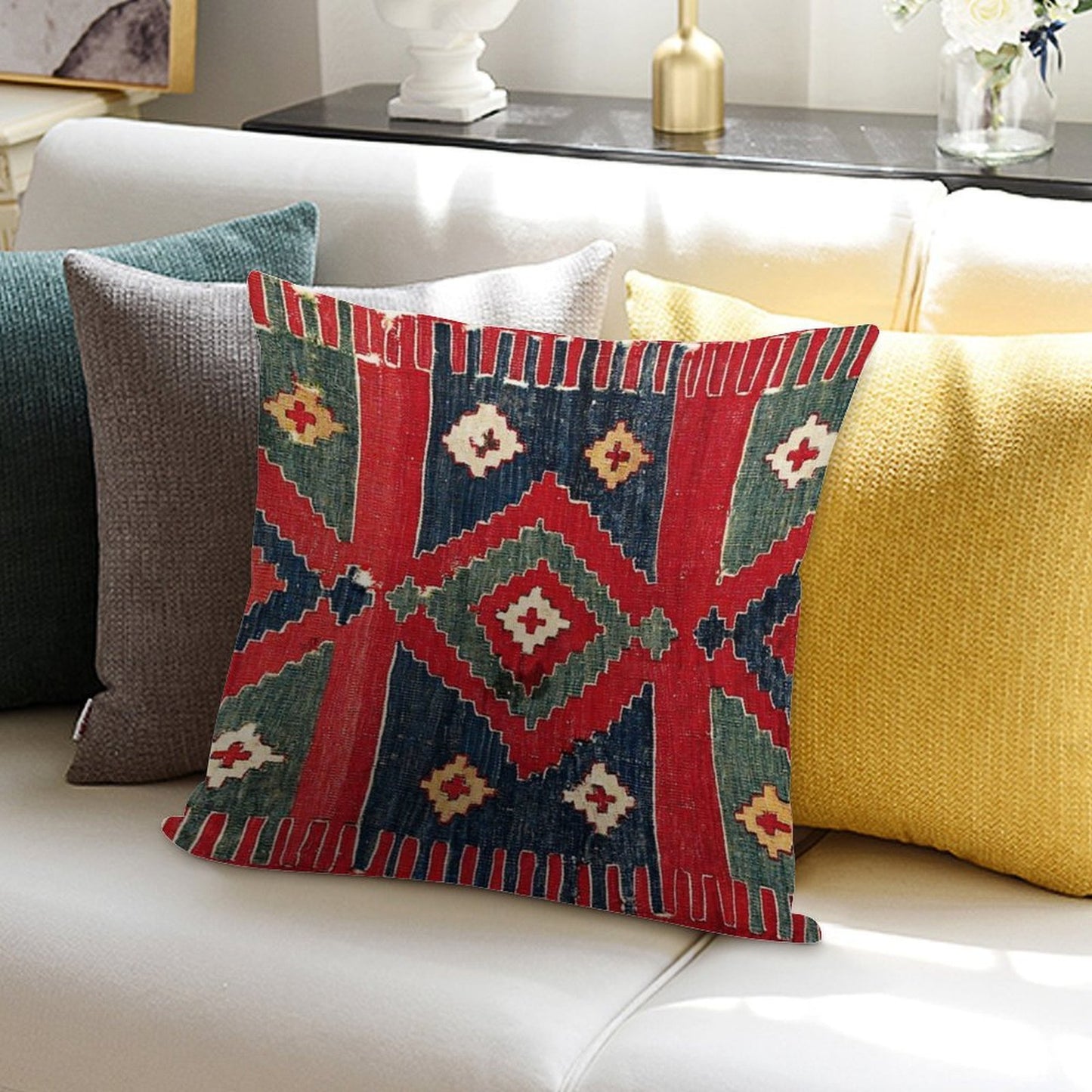Yüncü Antique Balikesir Turkish Kilim Print Soft Warmth Comfort Throw Pillow