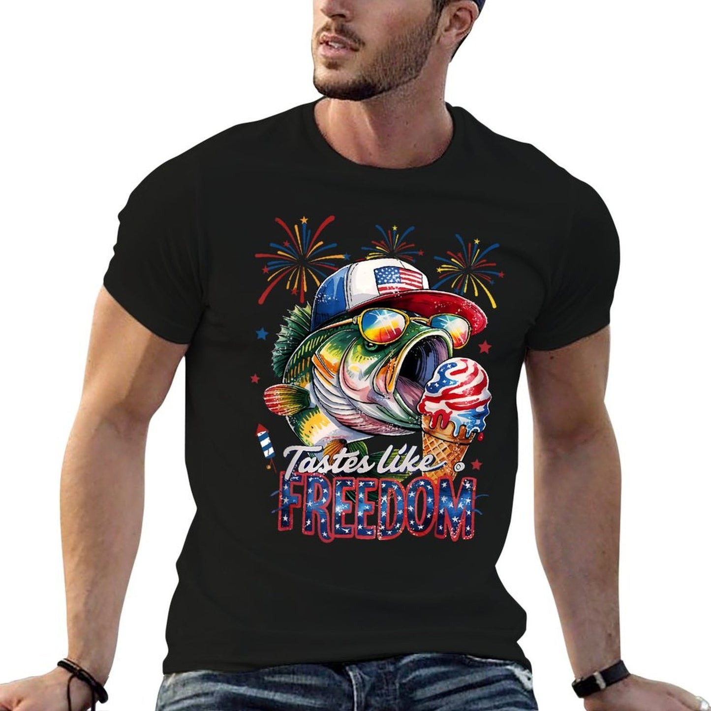 Tastes Like Freedom Bass Fishing Funny 4th of July Men Kids Easy-care T-Shirt