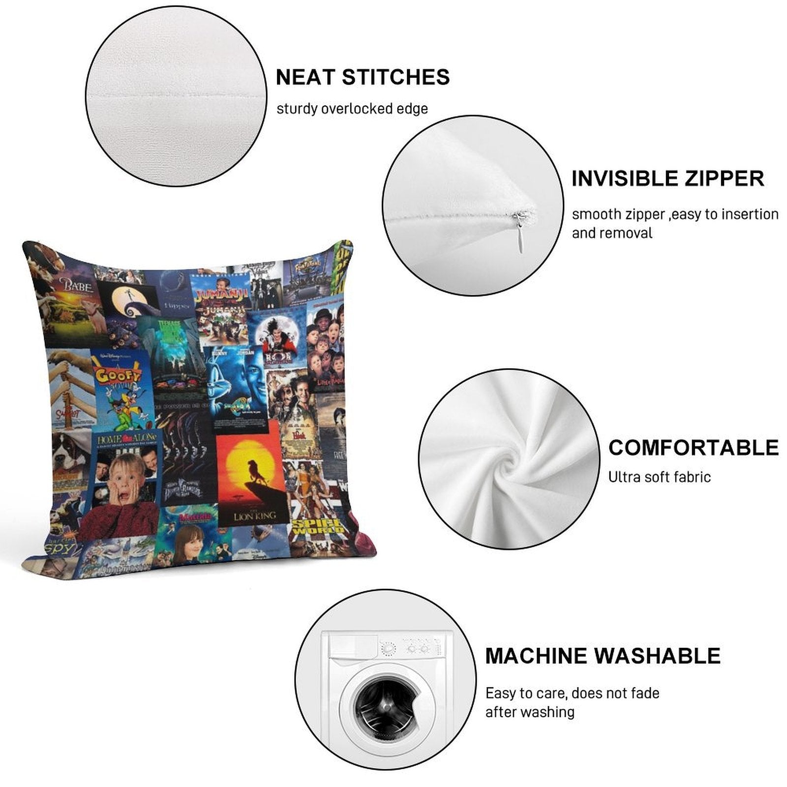 90s Childhood Movie Posters Soft Washable Throw Pillow