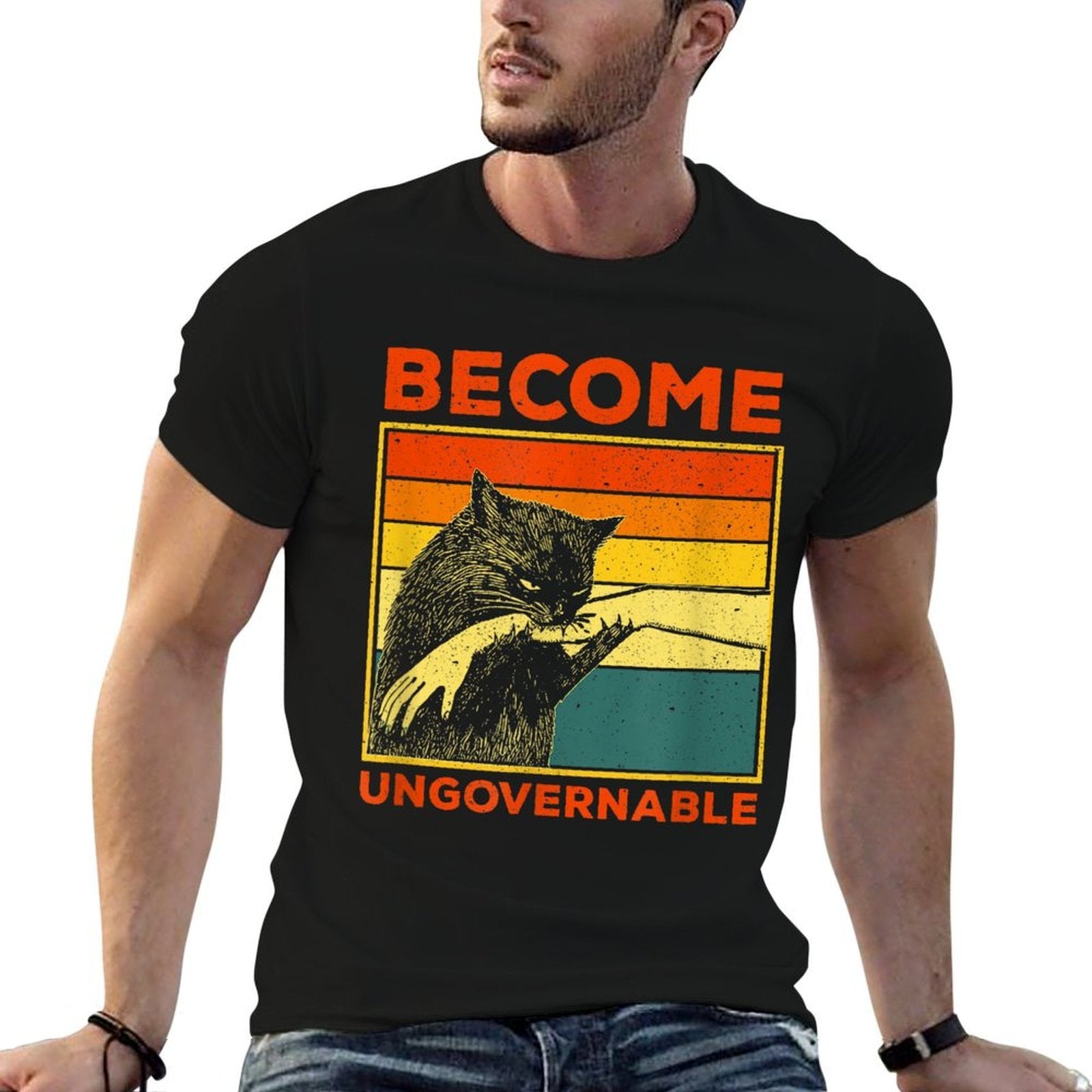 Become Ungovernable - Black Cat Biting Hand Funny Meme  Fade-proof Color T-Shirt