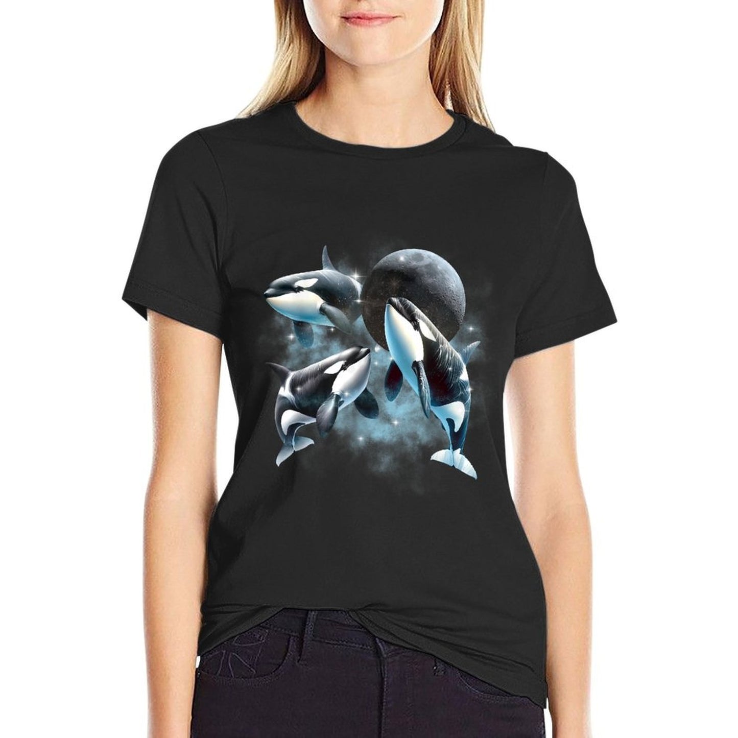Three Orcas Howling The Moon Vintage 90s Sea Animal Moon  Trendy Pattern T-Shirt