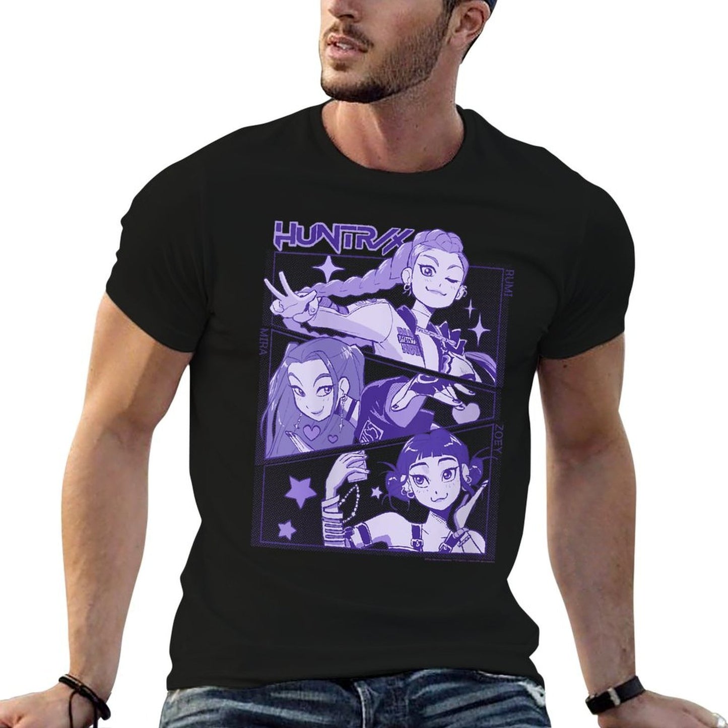 Womens Kpop Demon Hunters Huntrx Cute Animated Panels Heathered Texture T-Shirt