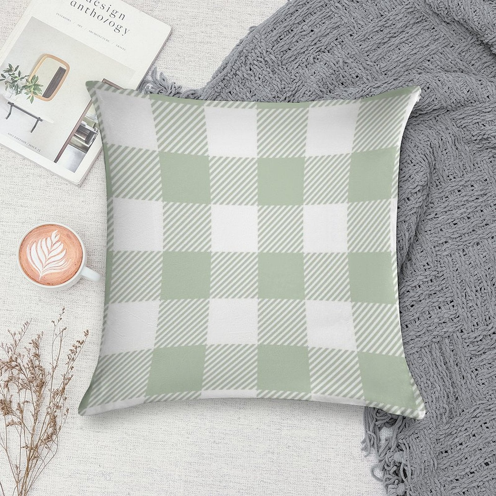 Sage Green White Large Buffalo Plaid Gingham Print All Over Soft Easy Maintenance Throw Pillow