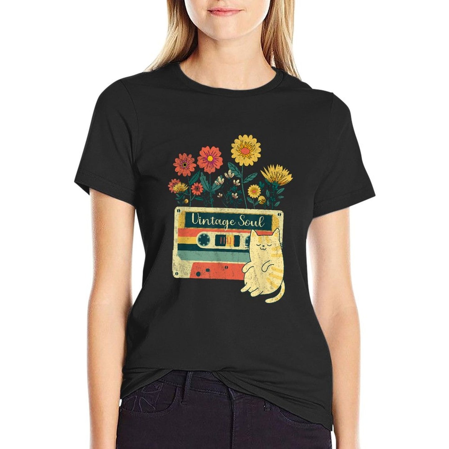 Vintage Cat for Women - Retro Soul Flowers Wildflower  Classic T-Shirt