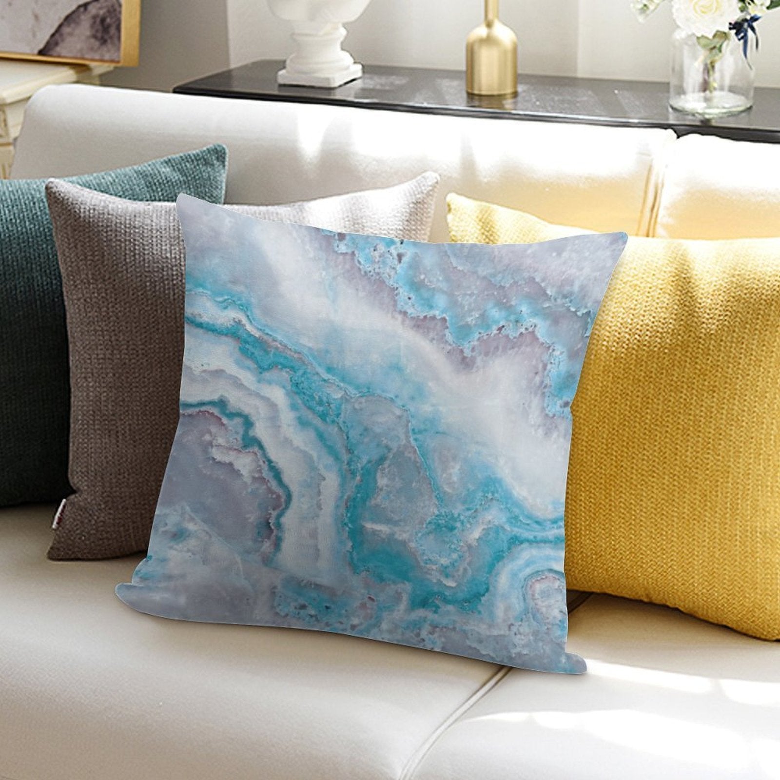 Luxury Mermaid Blue Faux Agate Marble Geode Gem Soft Easy Maintenance Throw Pillow