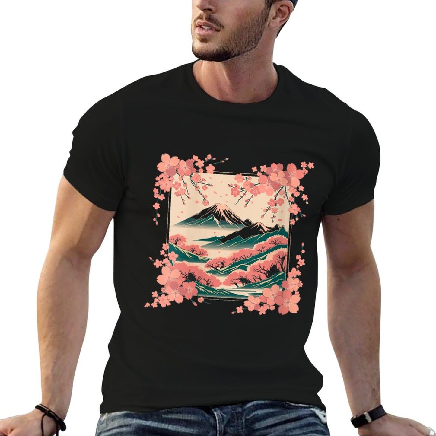 Womens Vintage Japanese Flower Cherry Blossom Mountain Landscape Durable T-Shirt