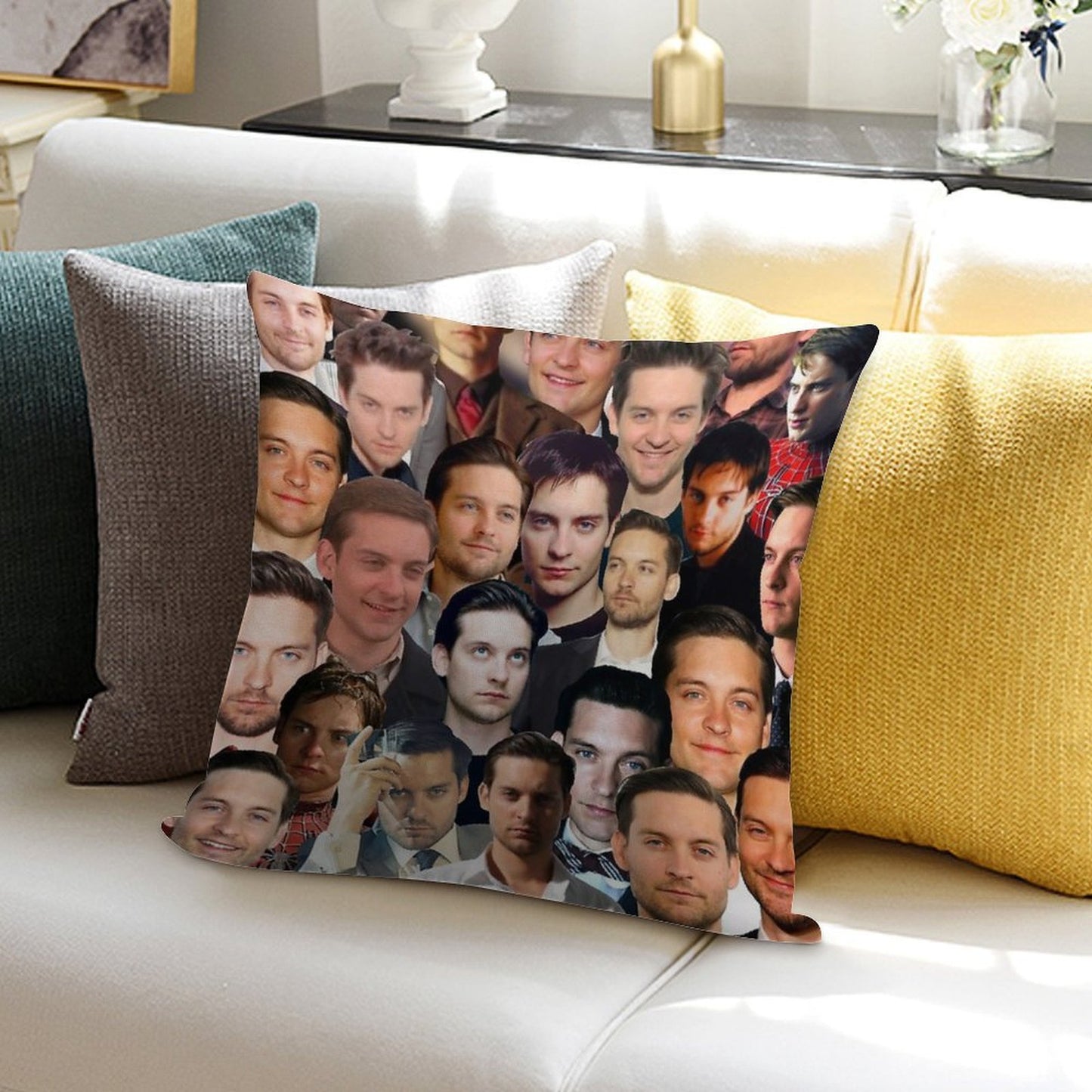 Tobey Maguire Photo Collage Soft Luxury Feel Throw Pillow