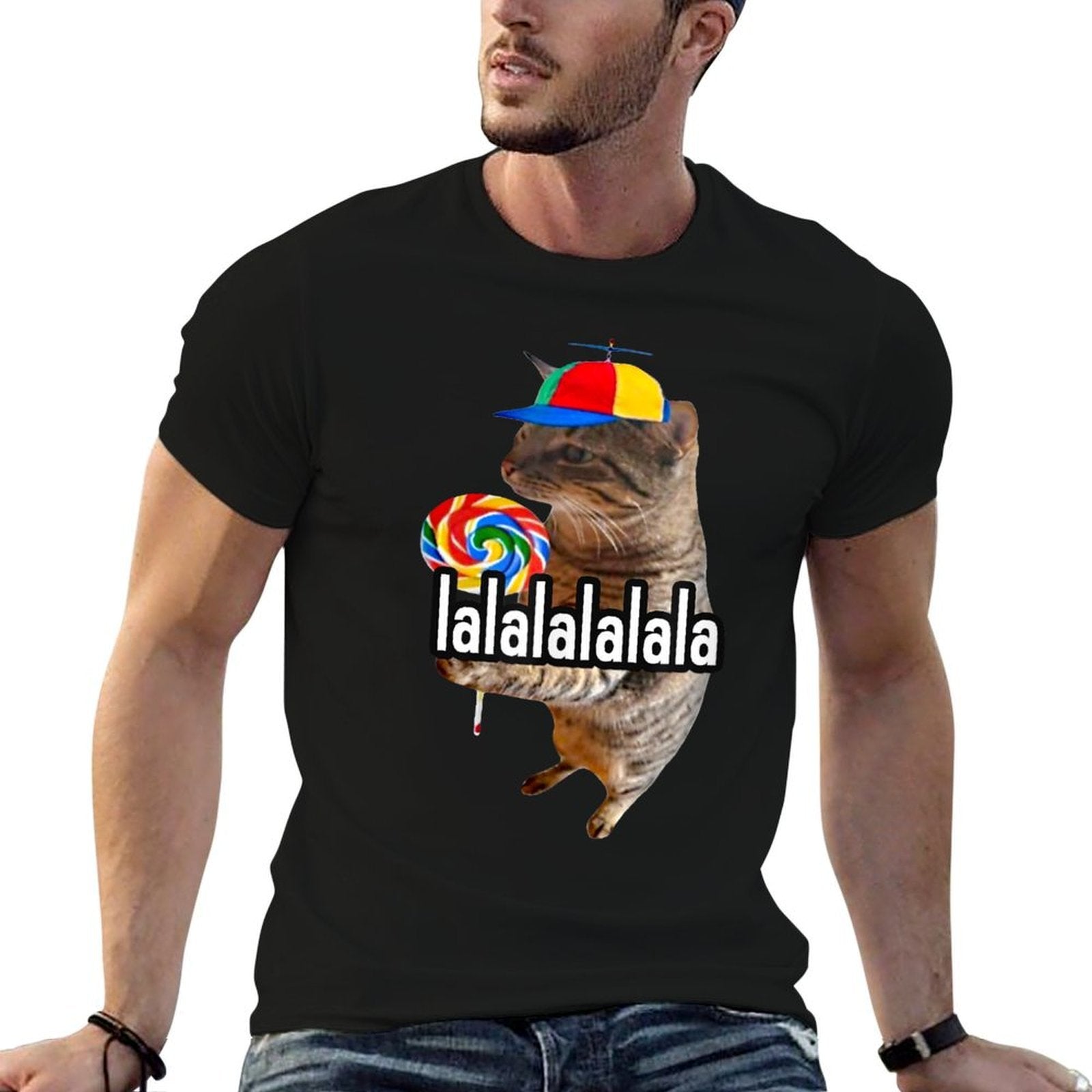 Silly Cat With Lollipop Lalalalalala Meme  Durable T-Shirt