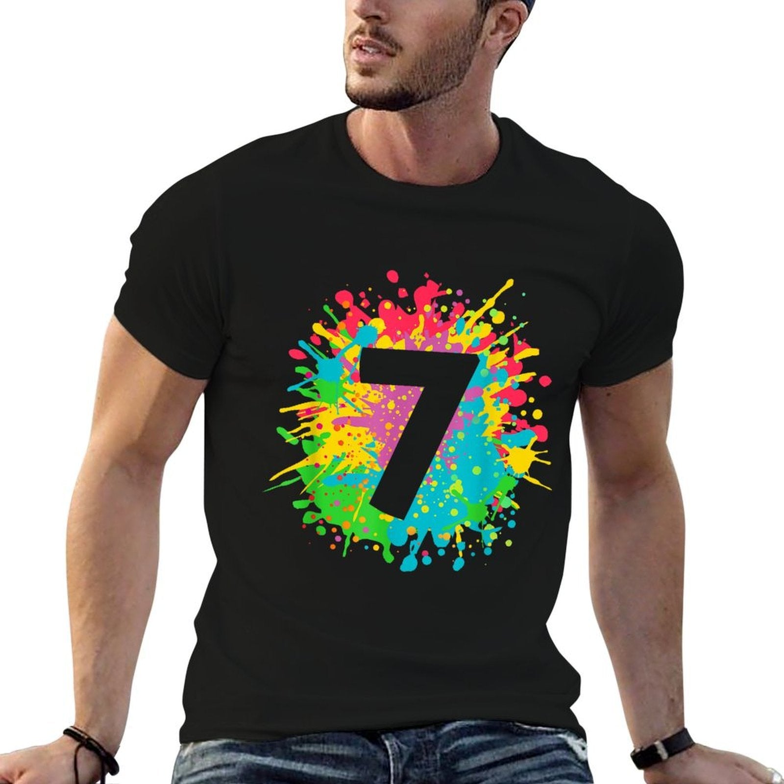 7th Birthday Paint Splashes T-shirt for Kids, Girls, Boys.  Quick-drying T-Shirt