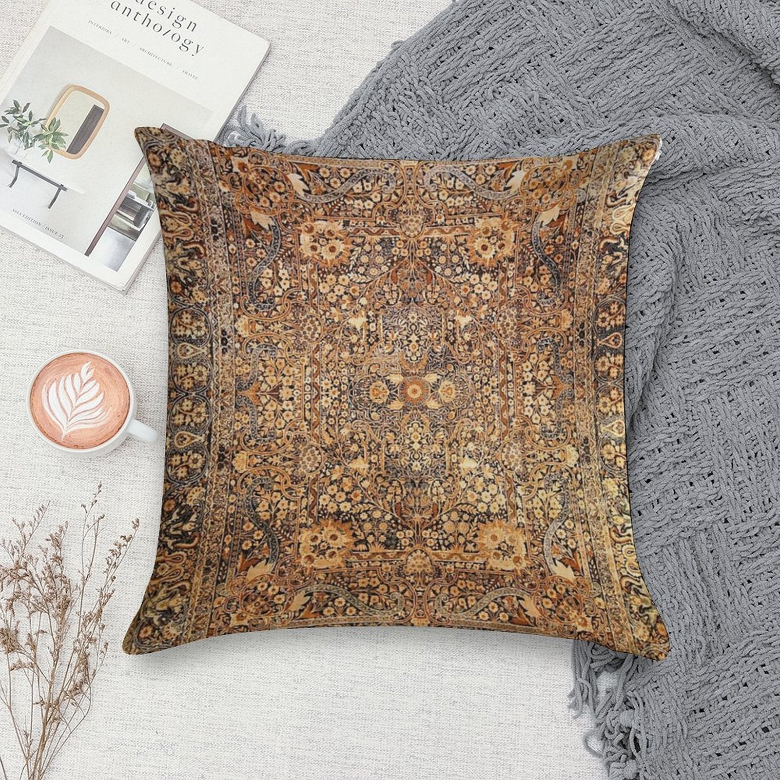 Antique Persian Kirman Rug Print Soft Warmth Comfort Throw Pillow