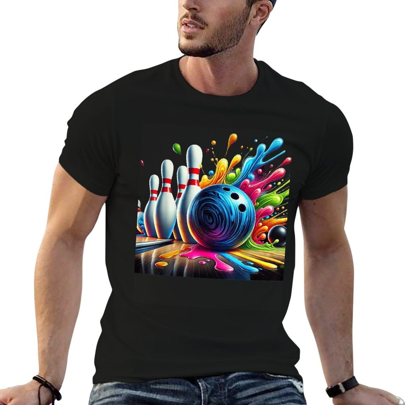 Colorful Bowling Crew Tie Dye Graphic Men Women Bowler  Wrinkle-resistant T-Shirt