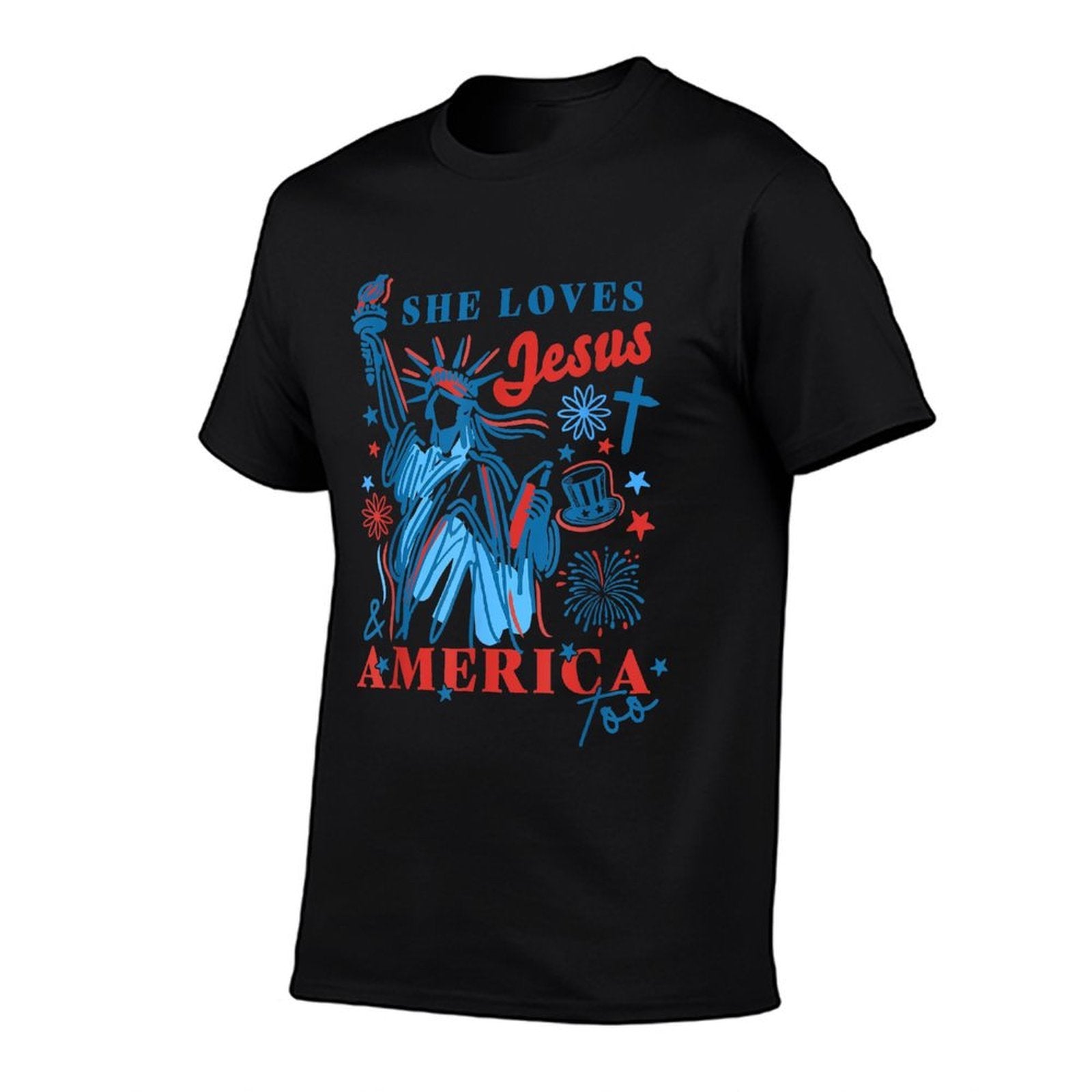 She Loves Jesus And America Too Statue Of Liberty 4th July  Oversized Silhouette T-Shirt