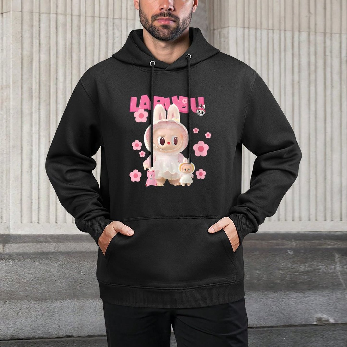 Womens Funny Labubu Lover Cute Labubu The Monsters Pink Kangaroo Pocket Hoodie