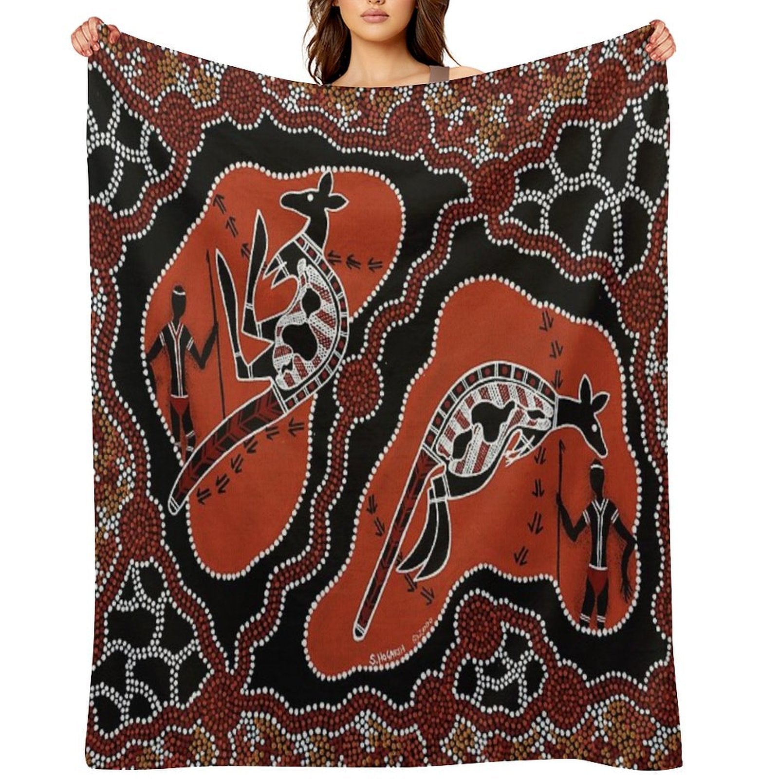 Authentic Aboriginal Art -  Men Kangaroo Hunting Easy Care Throw Blanket