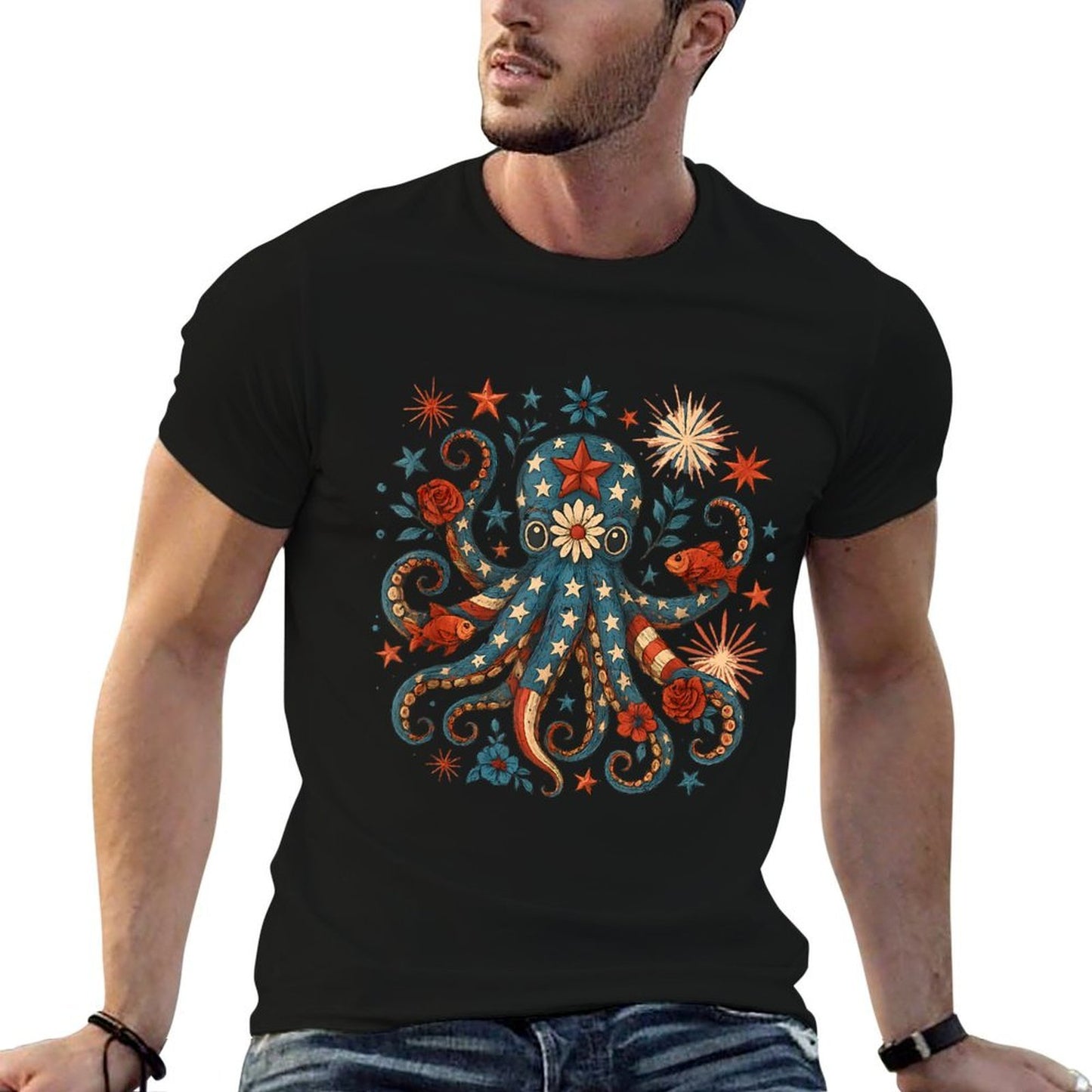 Vintage Floral Octopus Patriotic 4th of July Fireworks USA Stretchy T-Shirt