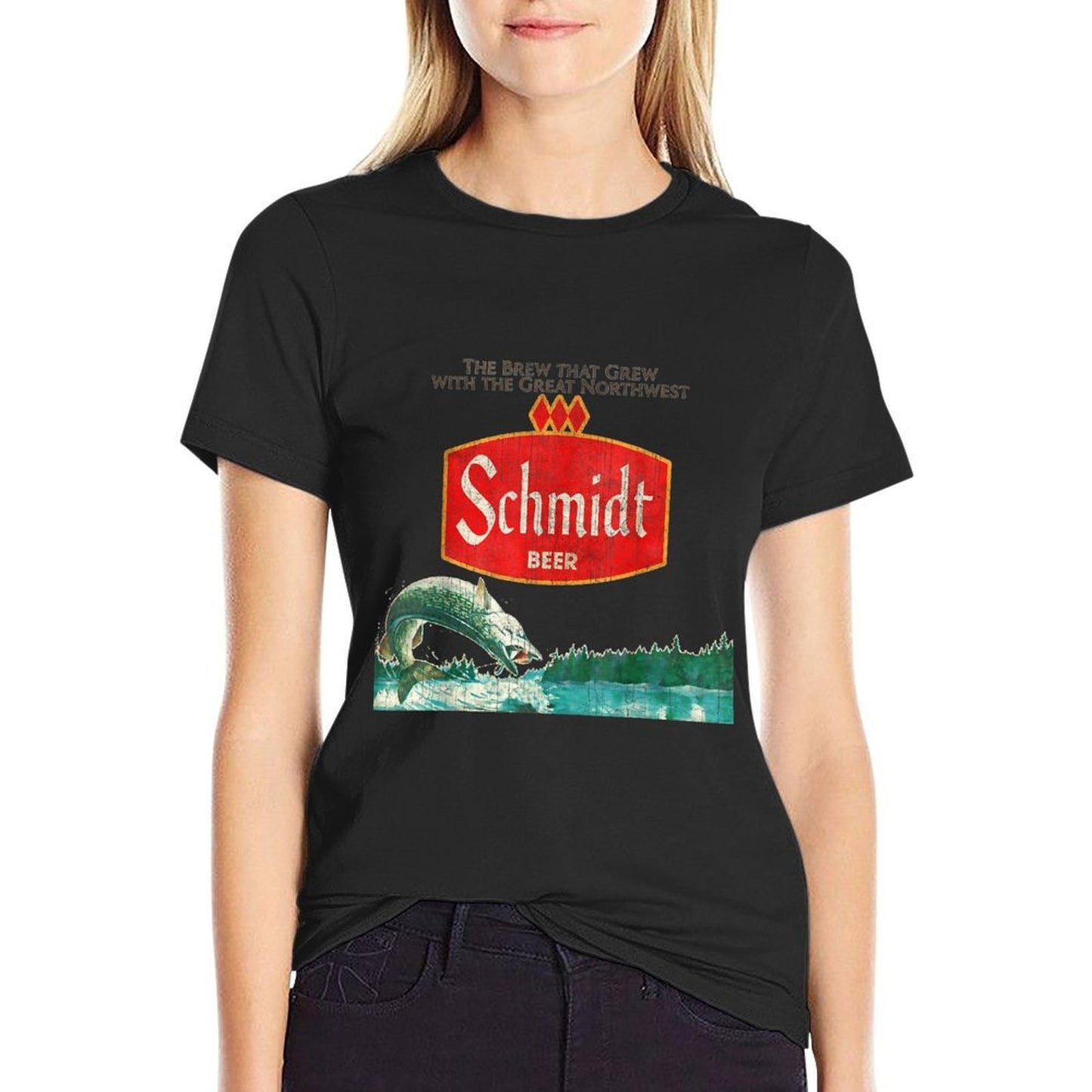 Vintage Schmidt Beer Retro Defunct Fishing Nature Scene High-quality Stitching T-Shirt