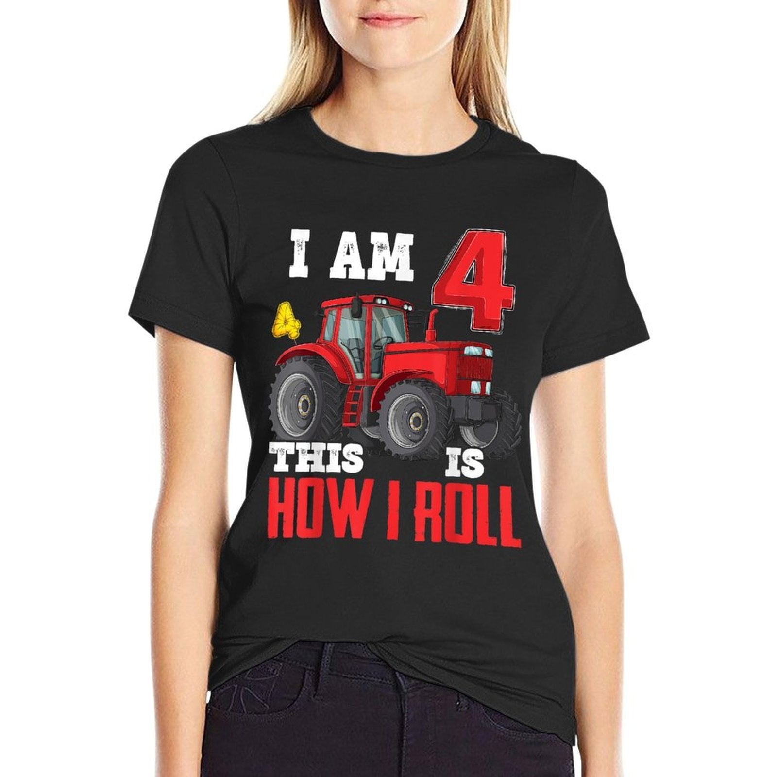 I Am 4 This Is How I Roll 4th Birthday Four Years Tractor  High-quality Stitching T-Shirt