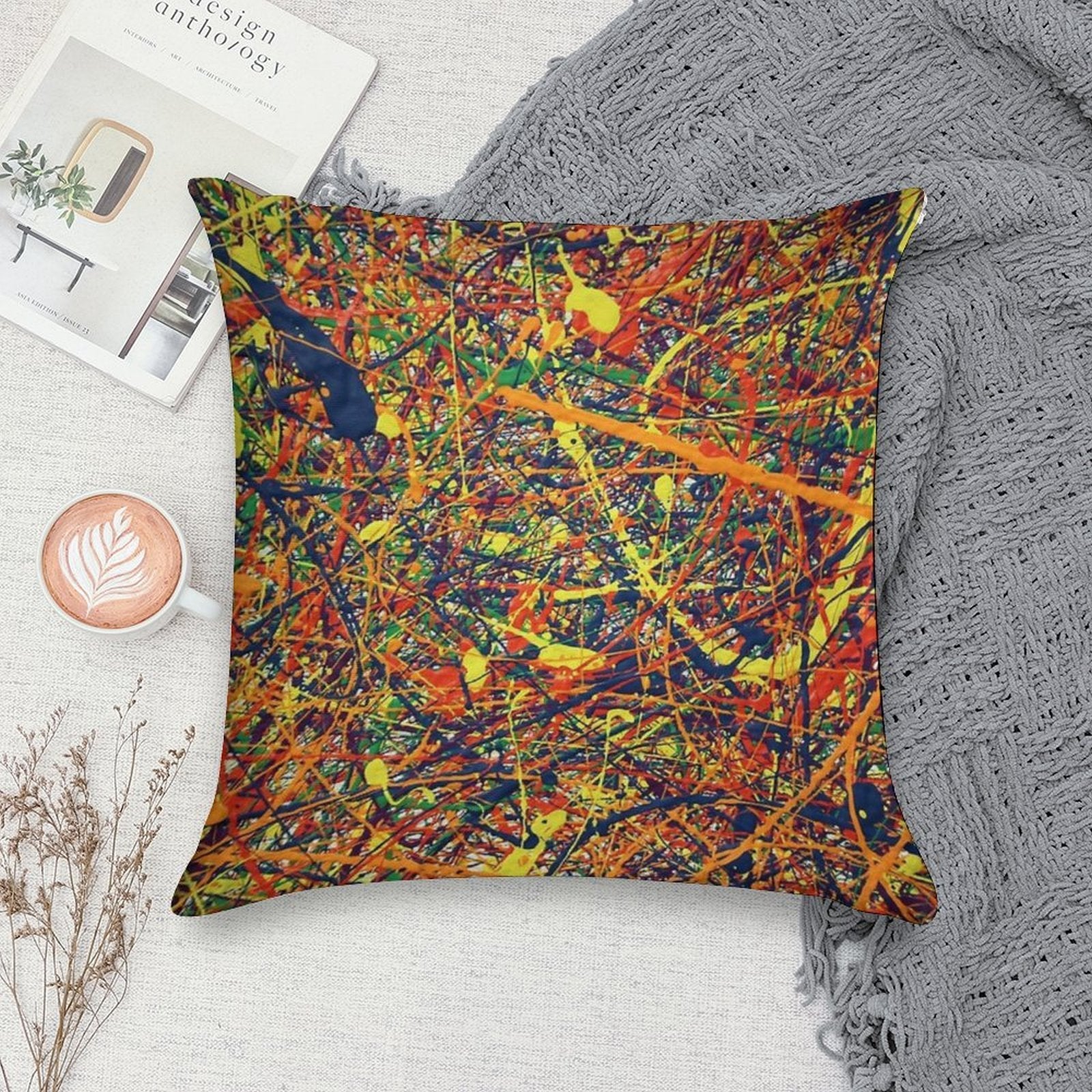 Modern Abstract Jackson Pollock Painting Original Art Titled Constant Harmony Soft High-Density Material Throw Pillow