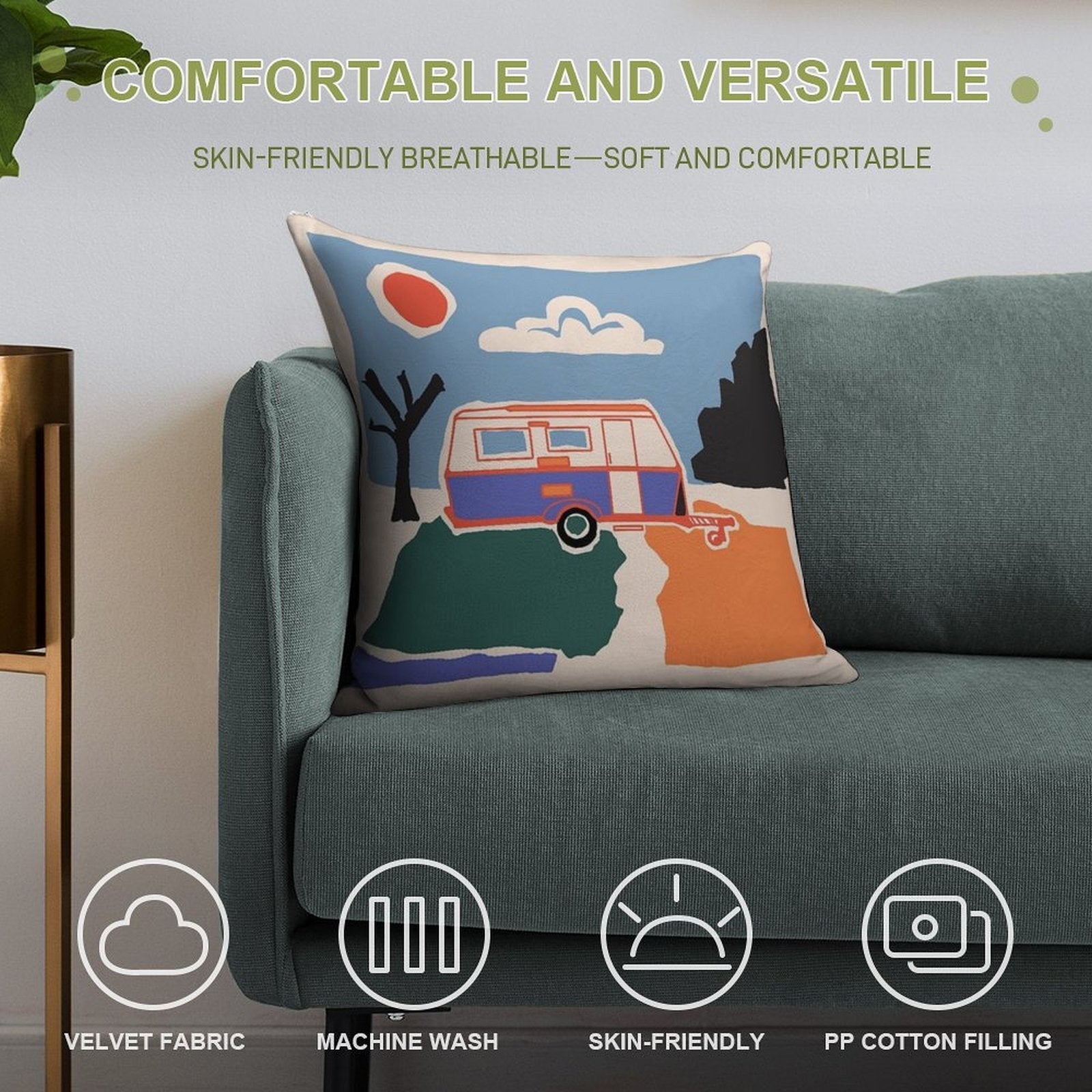 Retro Vintage Caravan Soft Durable Construction Throw Pillow