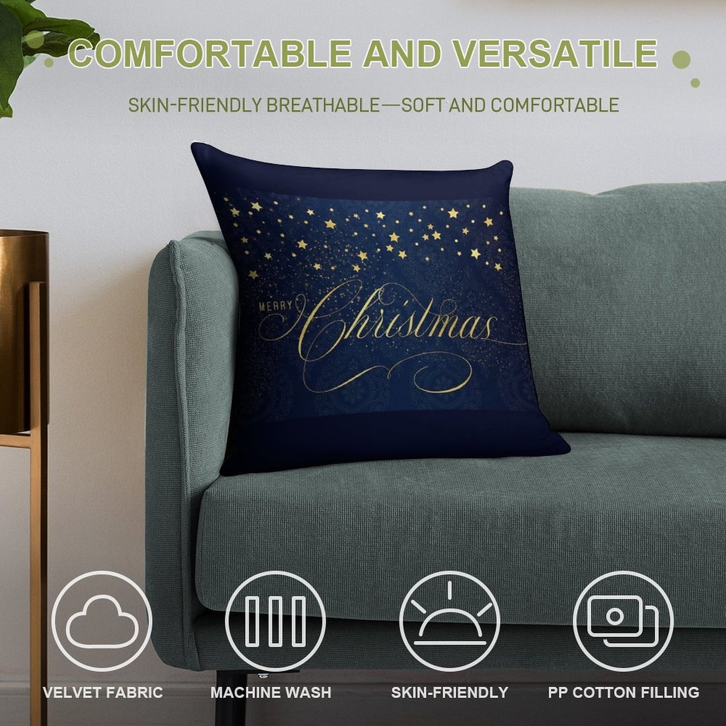 Merry Christmas Navy Blue And Faux Gold Leaf with Stars Soft Short Plush Fabric Throw Pillow