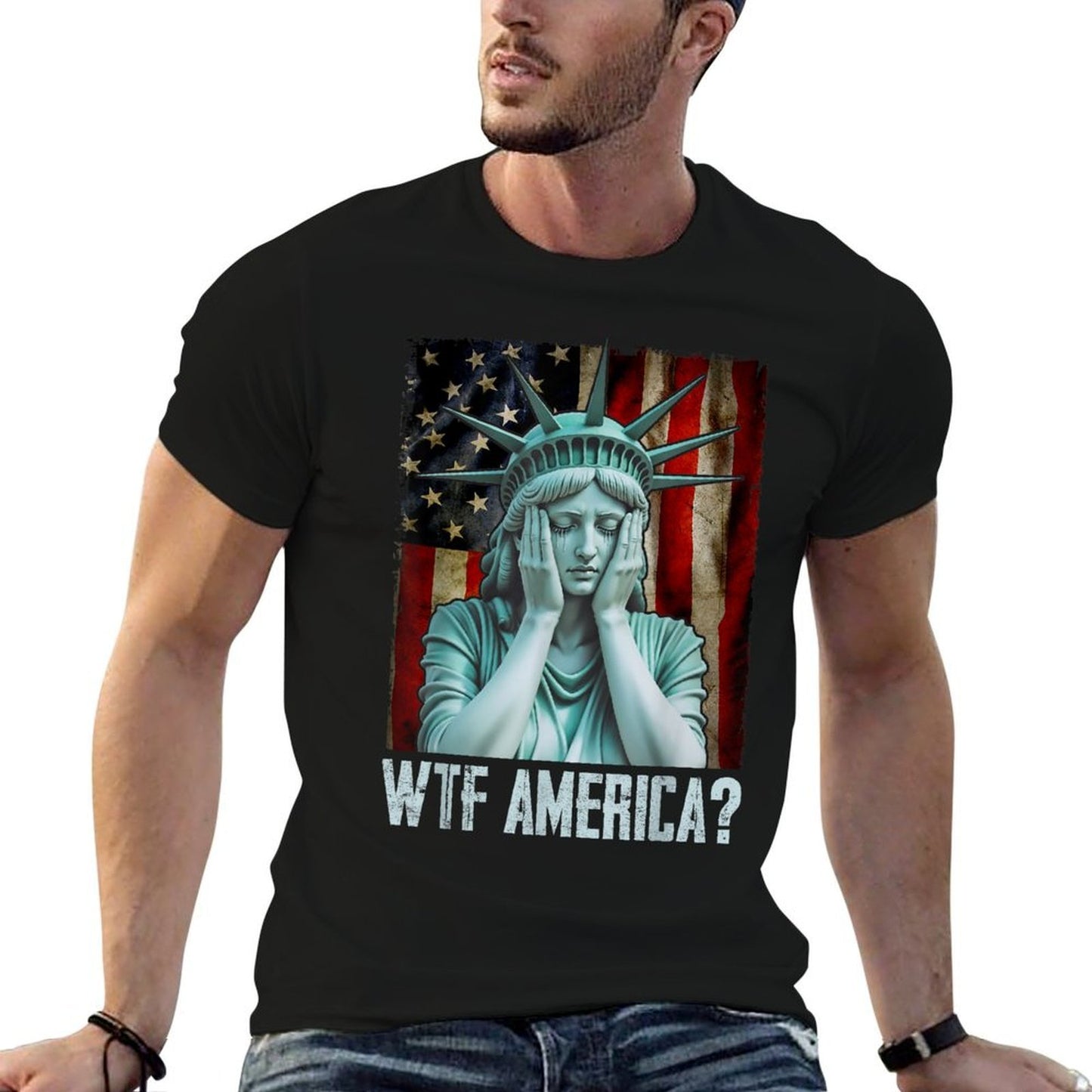 WTF America Weeping Statue of Liberty Distressed Heathered Texture T-Shirt