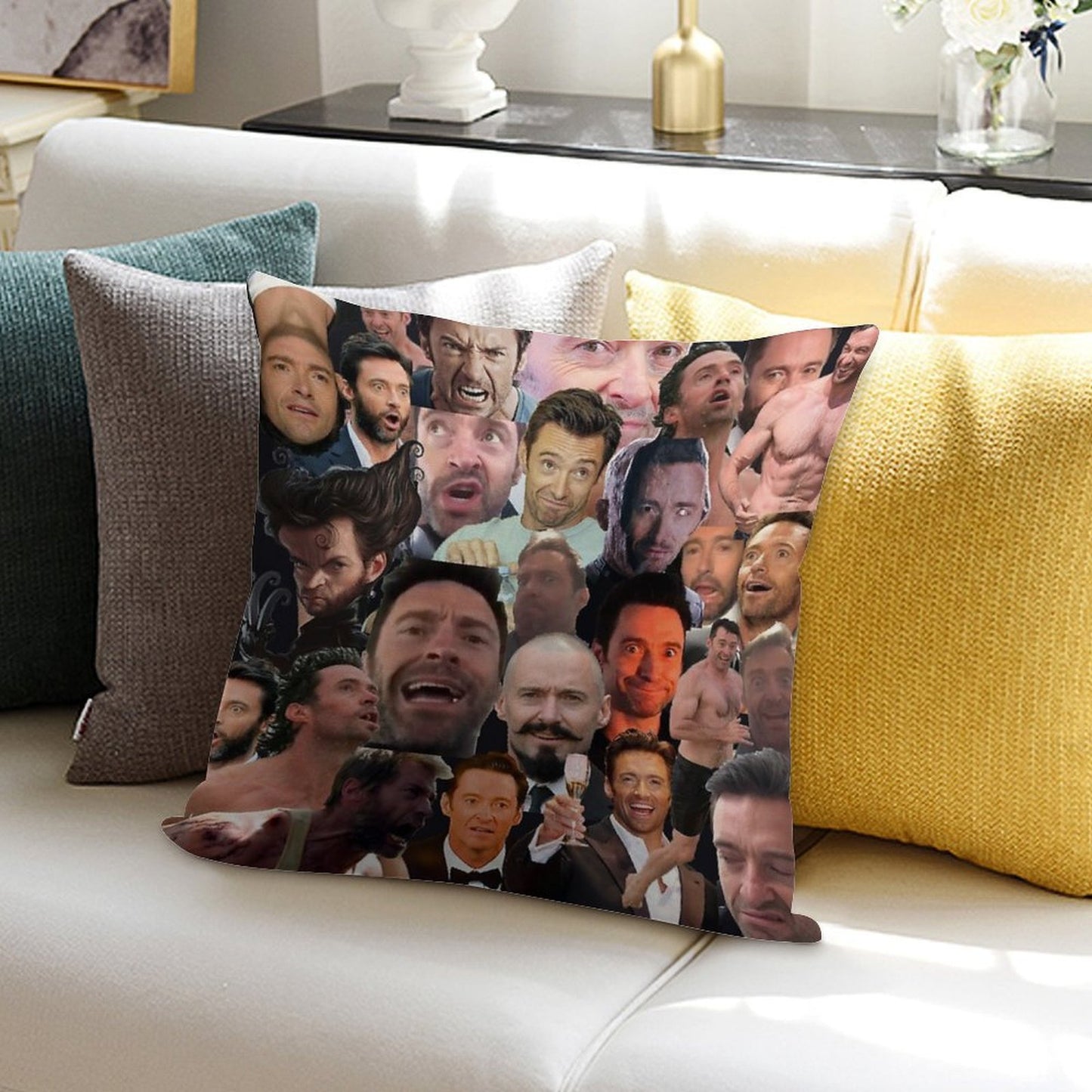 Hugh Jackman's Many Faces Soft Style Accent Throw Pillow
