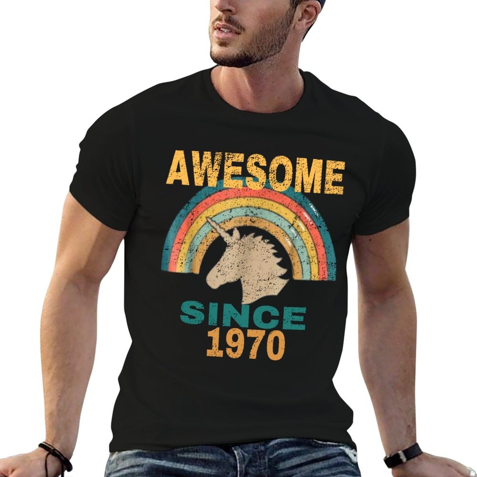Awesome Since 1970 Rainbow Vintage Unicorn 50th Birthday  Rolled Sleeves T-Shirt