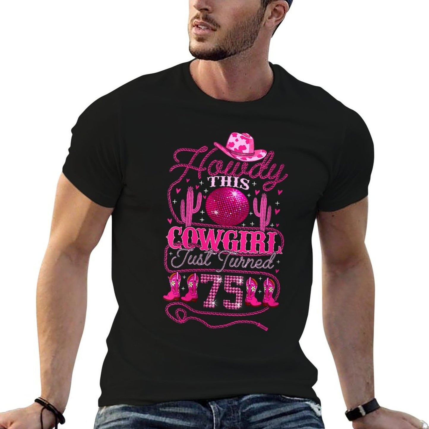 Womens Howdy Cowboy Hat Womens Pink Boots Disco Ball 75th Birthday Polyester Blend T-Shirt