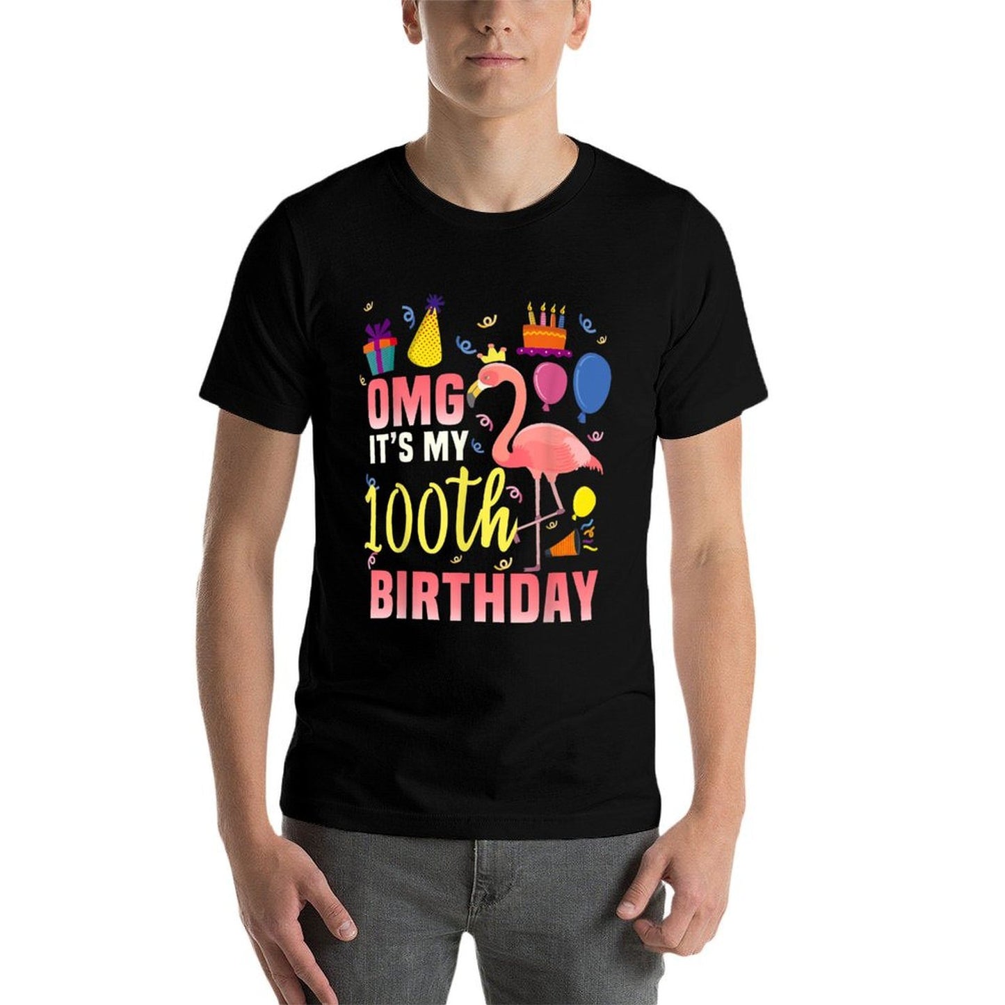 100 Year Old Women Men Gift Flamingo It's My 100th Birthday Ribbed Collar T-Shirt