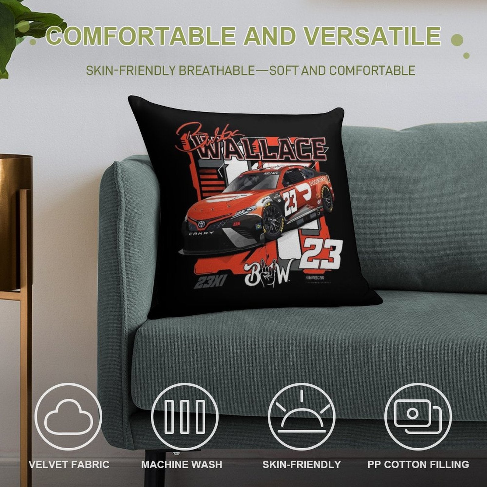 Bubba Wallace 23 Nascar Racing Car Soft Hidden Zipper Throw Pillow