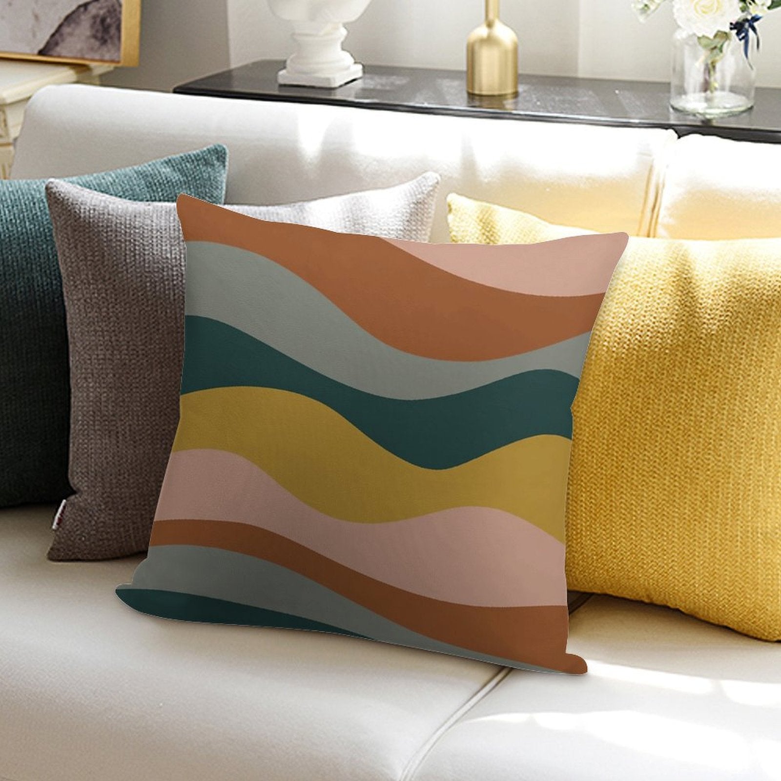 Retro Waves Minimalist Pattern Rust, Blush Pink, Gray, Navy Blue, And Mustard Gold Soft Fade-Resistant Throw Pillow