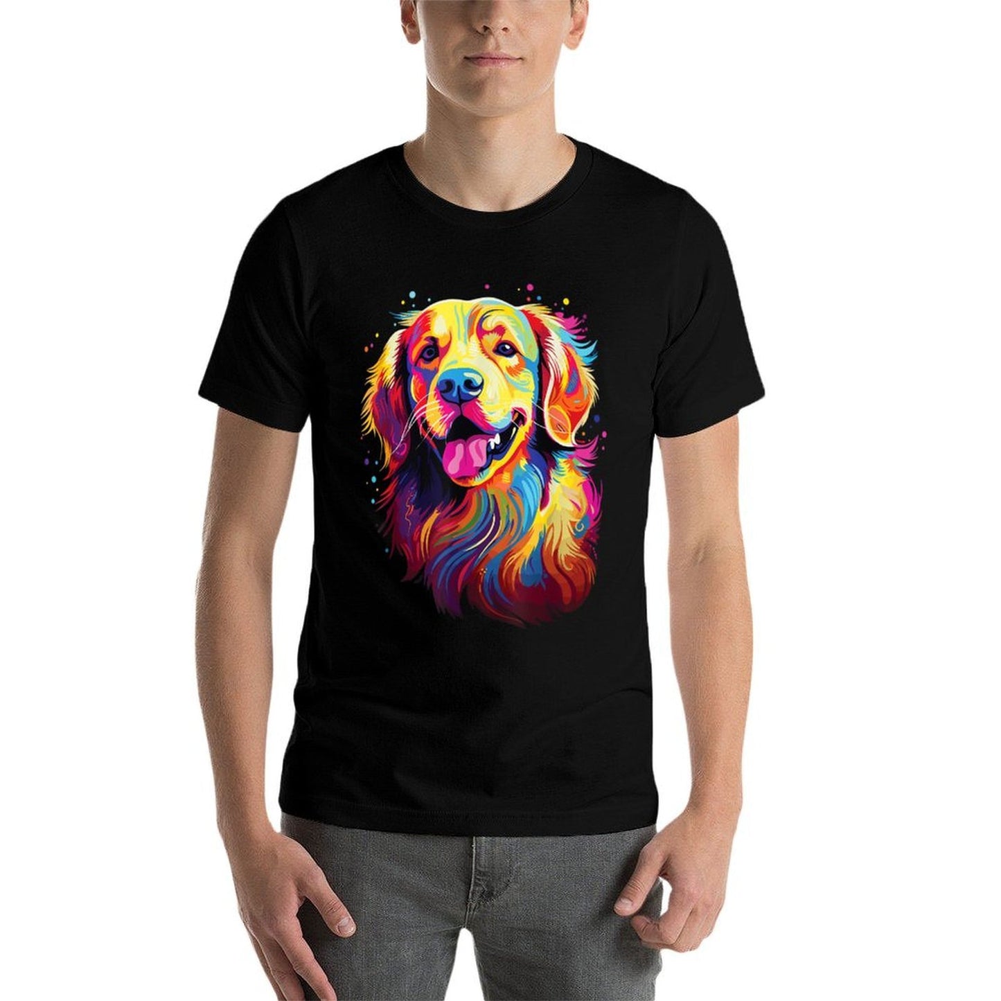 Watercolor Colorful Golden Retriever Dog Ribbed Collar T-Shirt