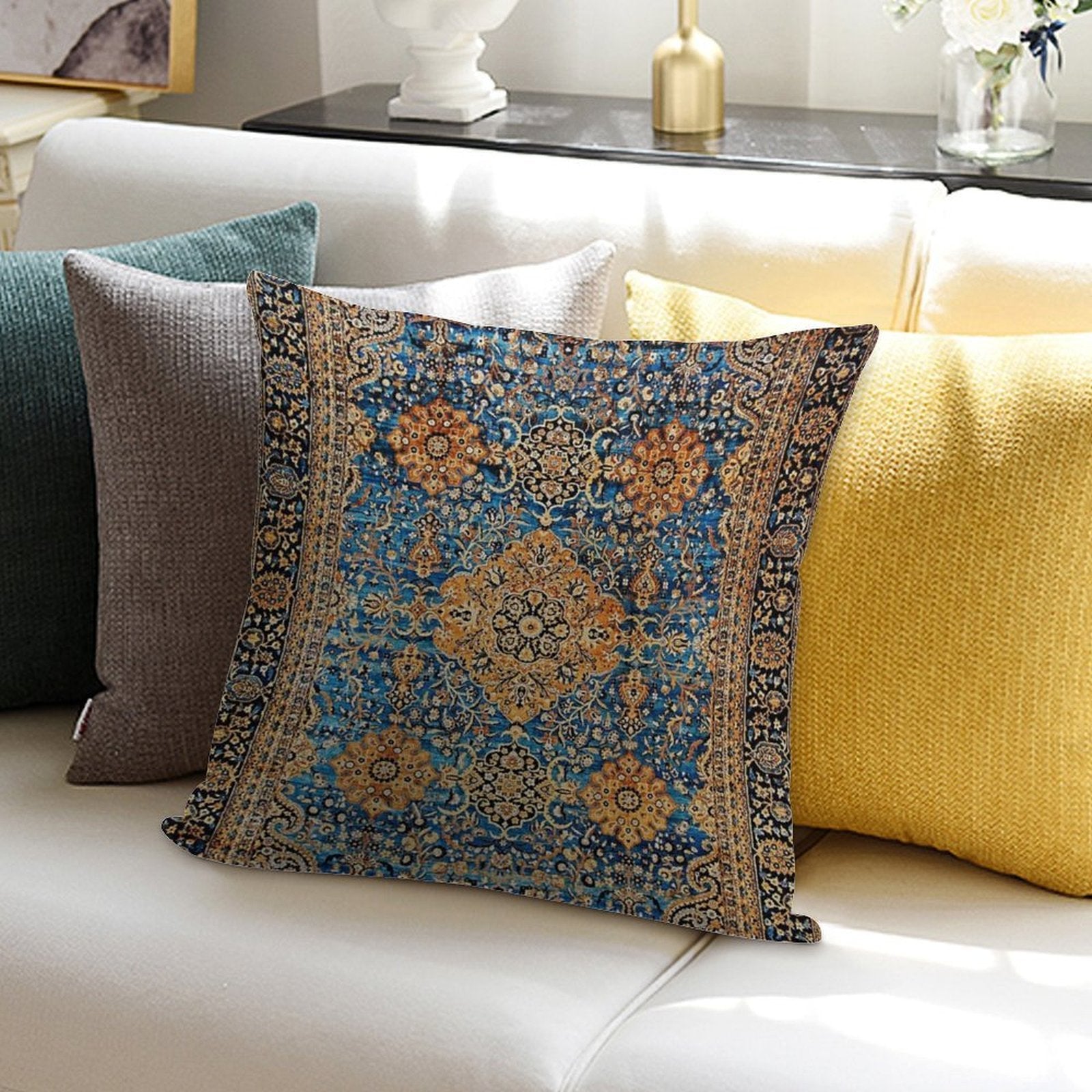 Antique Blue Persian Kirman Rug Print Soft Home Decor Throw Pillow