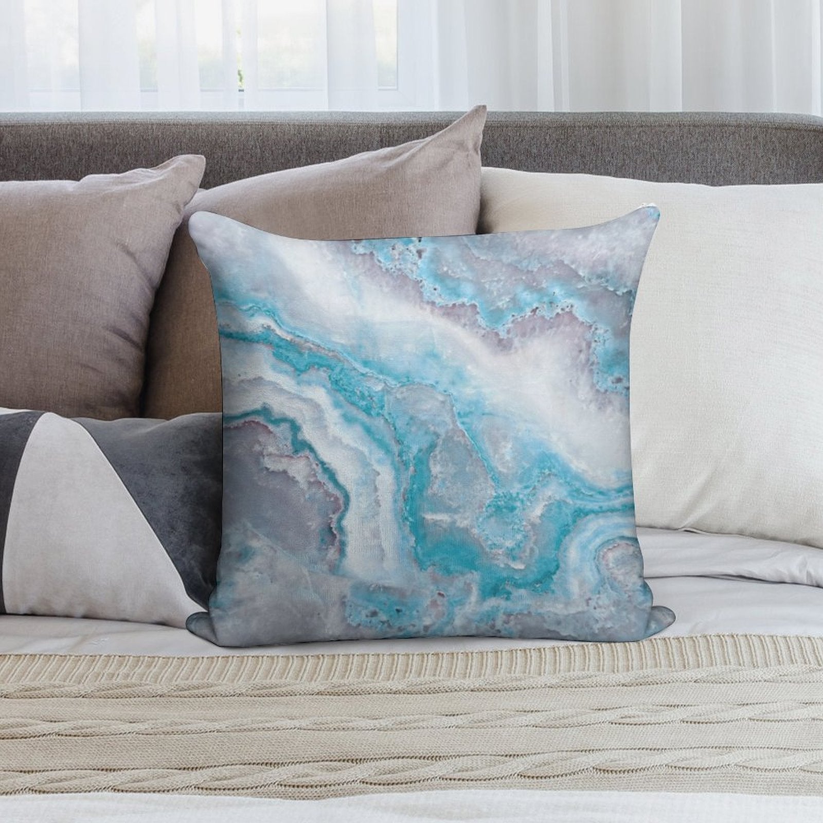 Luxury Mermaid Blue Faux Agate Marble Geode Gem Soft Easy Maintenance Throw Pillow