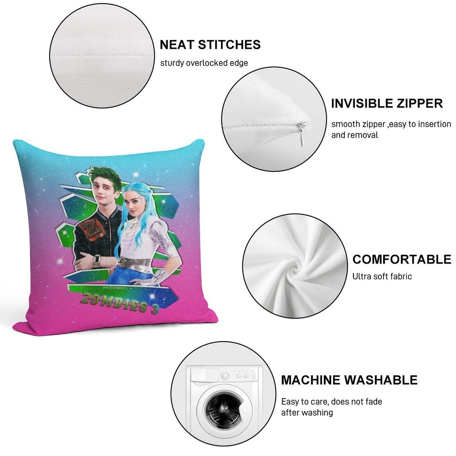 Zombies 3 - Milo And Meg - Zed And Addison - Galaxy Love Glitter Soft Home Decor Throw Pillow