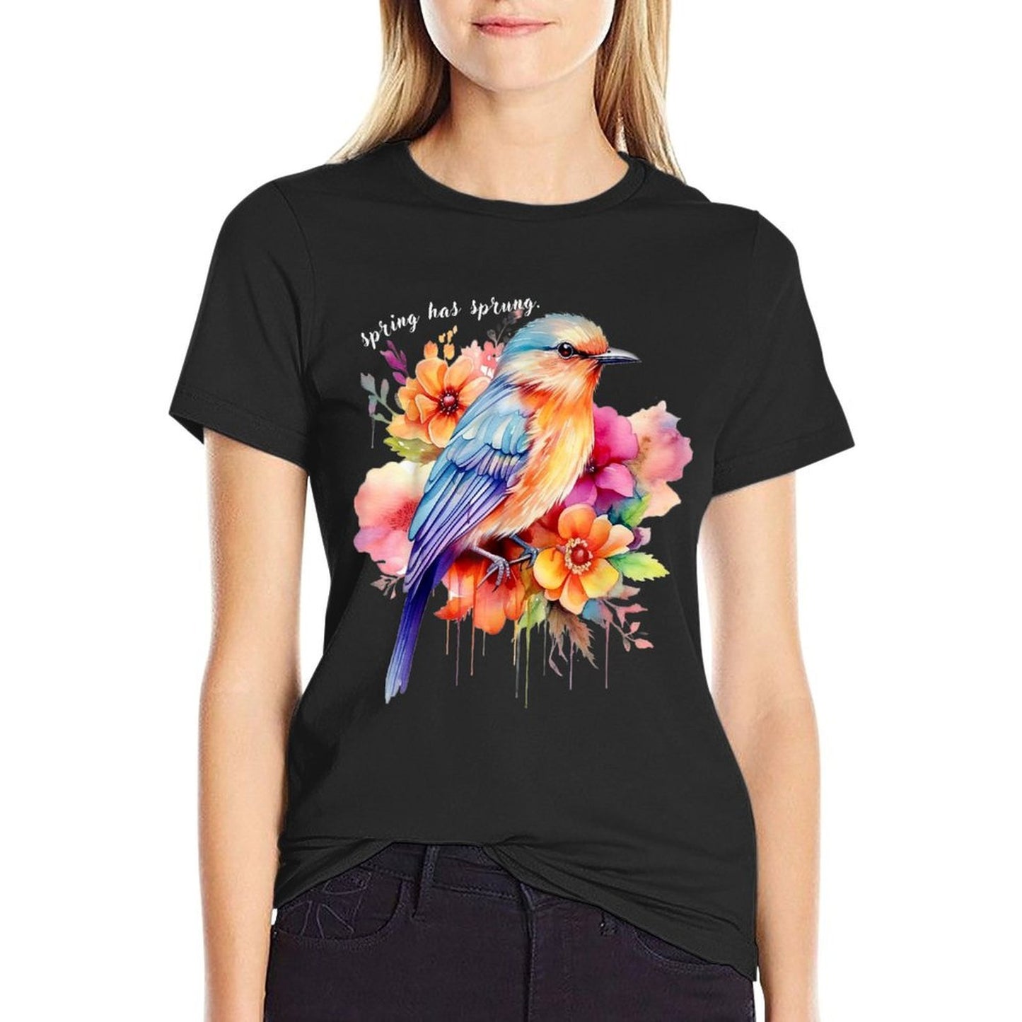 Spring Has Sprung. Floral Bird Spring Flowers Polyester Blend T-Shirt