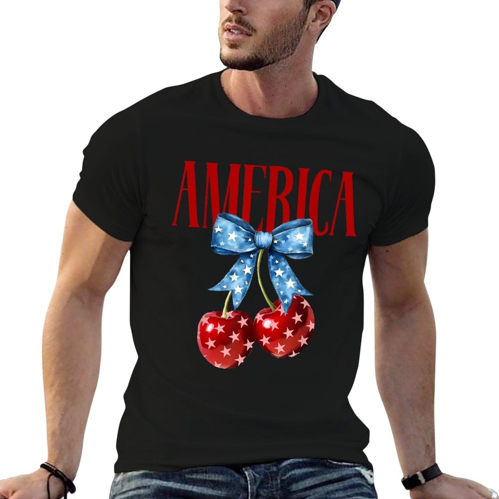 American Coquette Cherry Bow Patriotic USA 4th Of July  Eco-friendly Material T-Shirt
