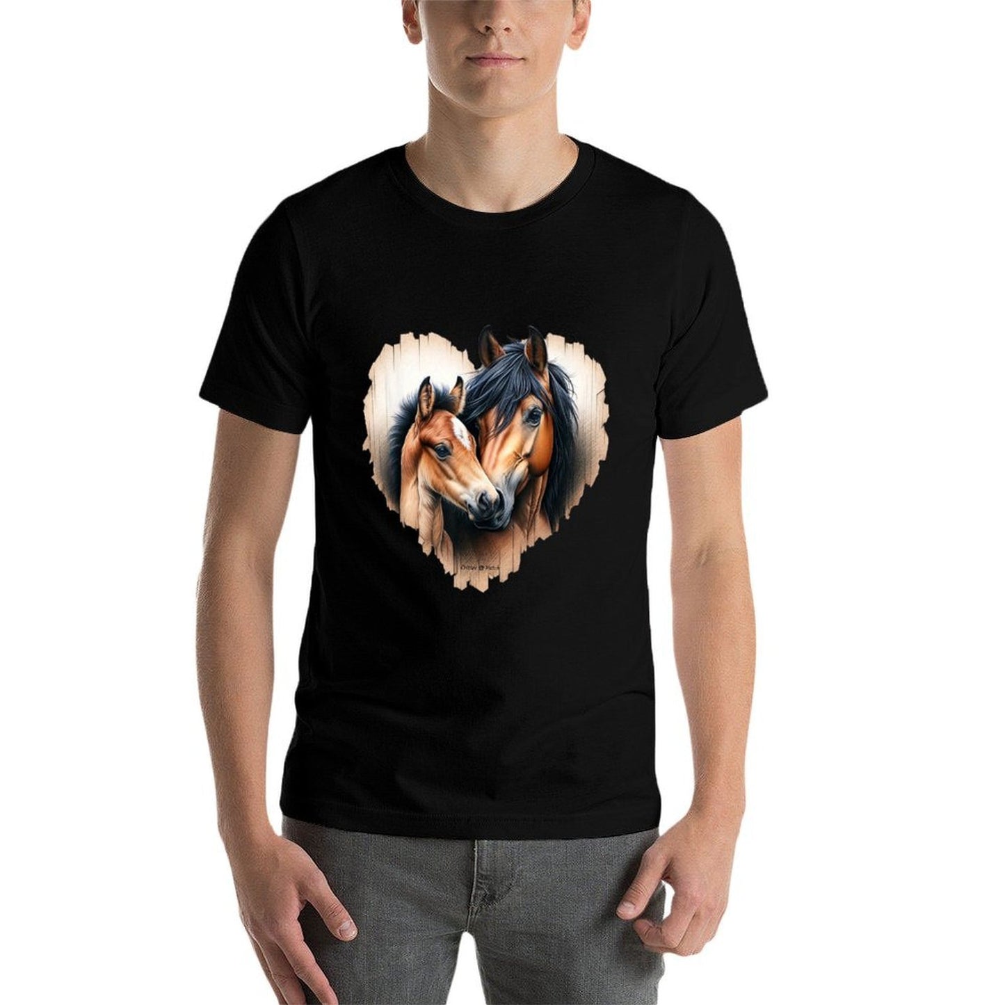 Watercolor Bay Horse Mare And Foal Bust On Wooden Heart Breathable T-Shirt