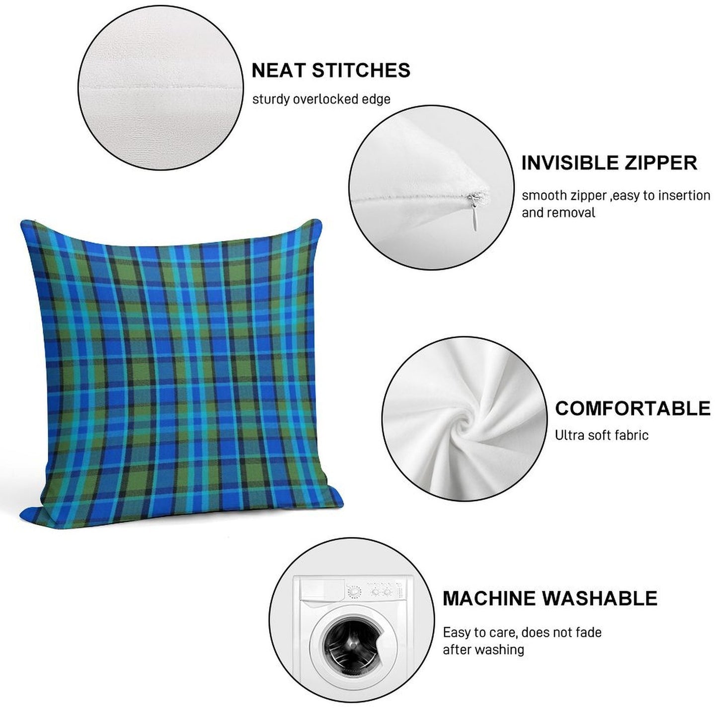 Westy Tartan Blue Plaid for Bulli Bus Camper Soft Multiple Sizes Throw Pillow