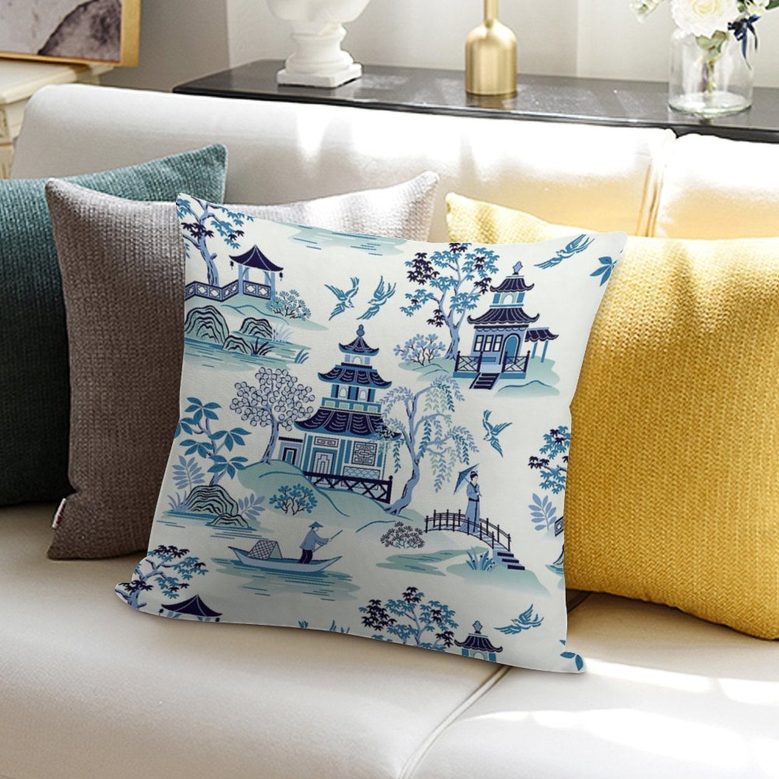 Chinoiserie Blue Soft Shrink-Resistant Throw Pillow