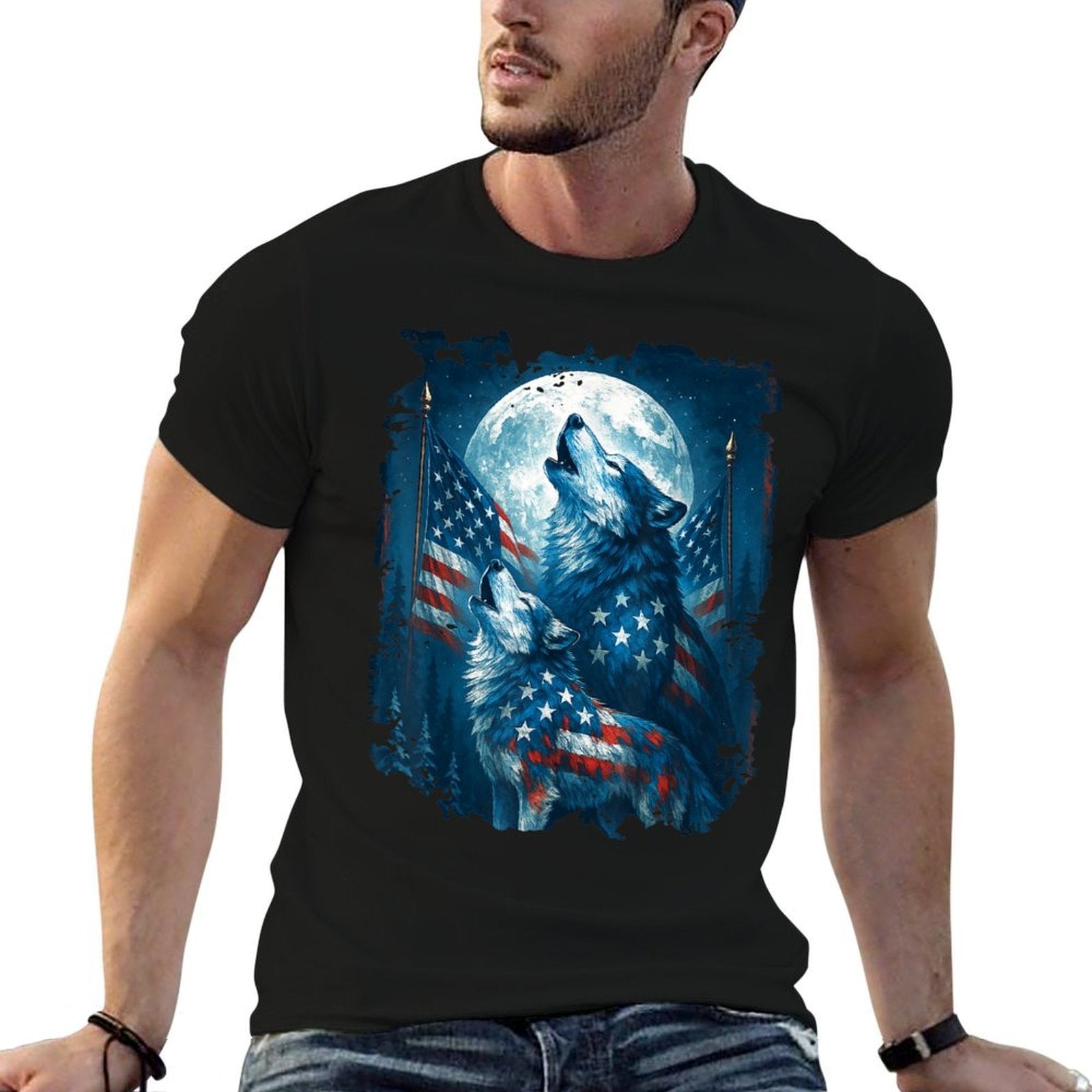 4th of July American Wolf Howling Moon Wolves July 4th  Tagless Design T-Shirt