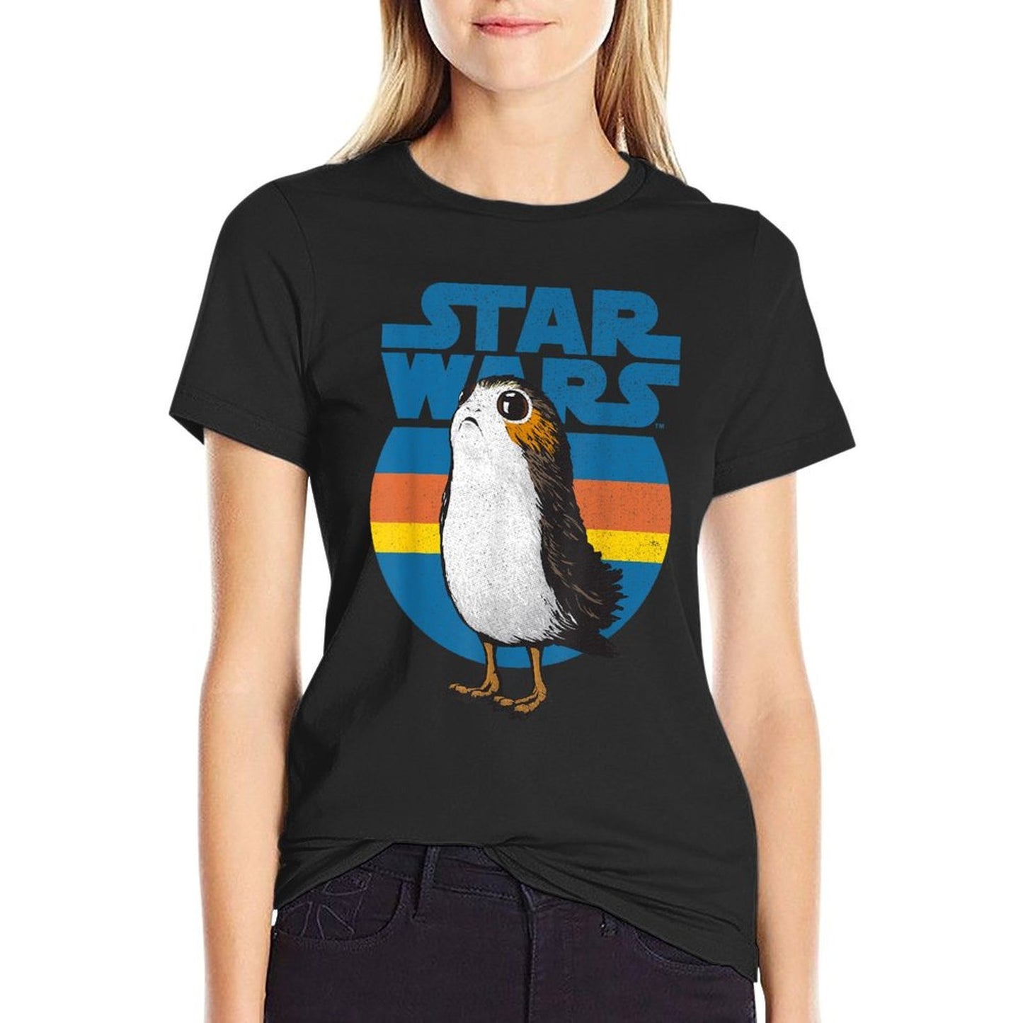 Star Wars Last Jedi Porg Retro Stripes Logo Graphic Ribbed Collar T-Shirt