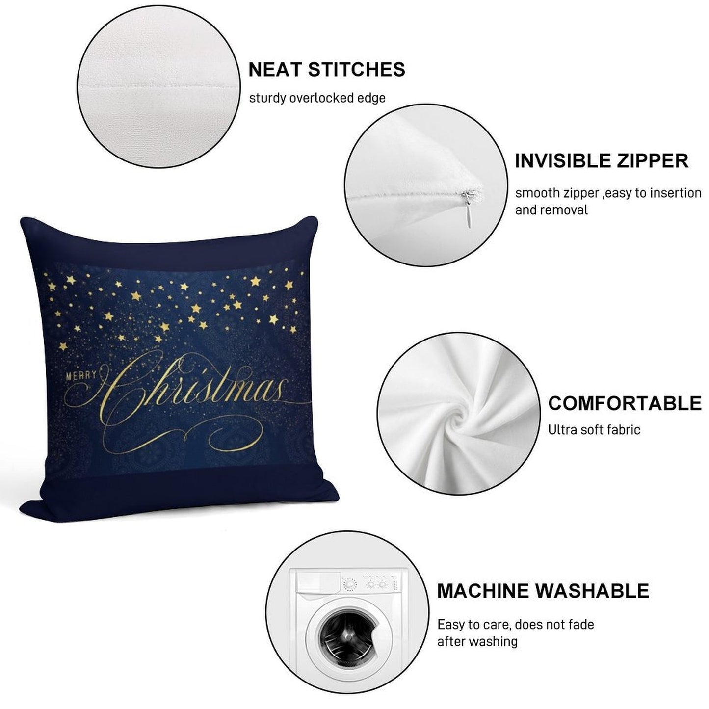Merry Christmas Navy Blue And Faux Gold Leaf with Stars Soft Short Plush Fabric Throw Pillow